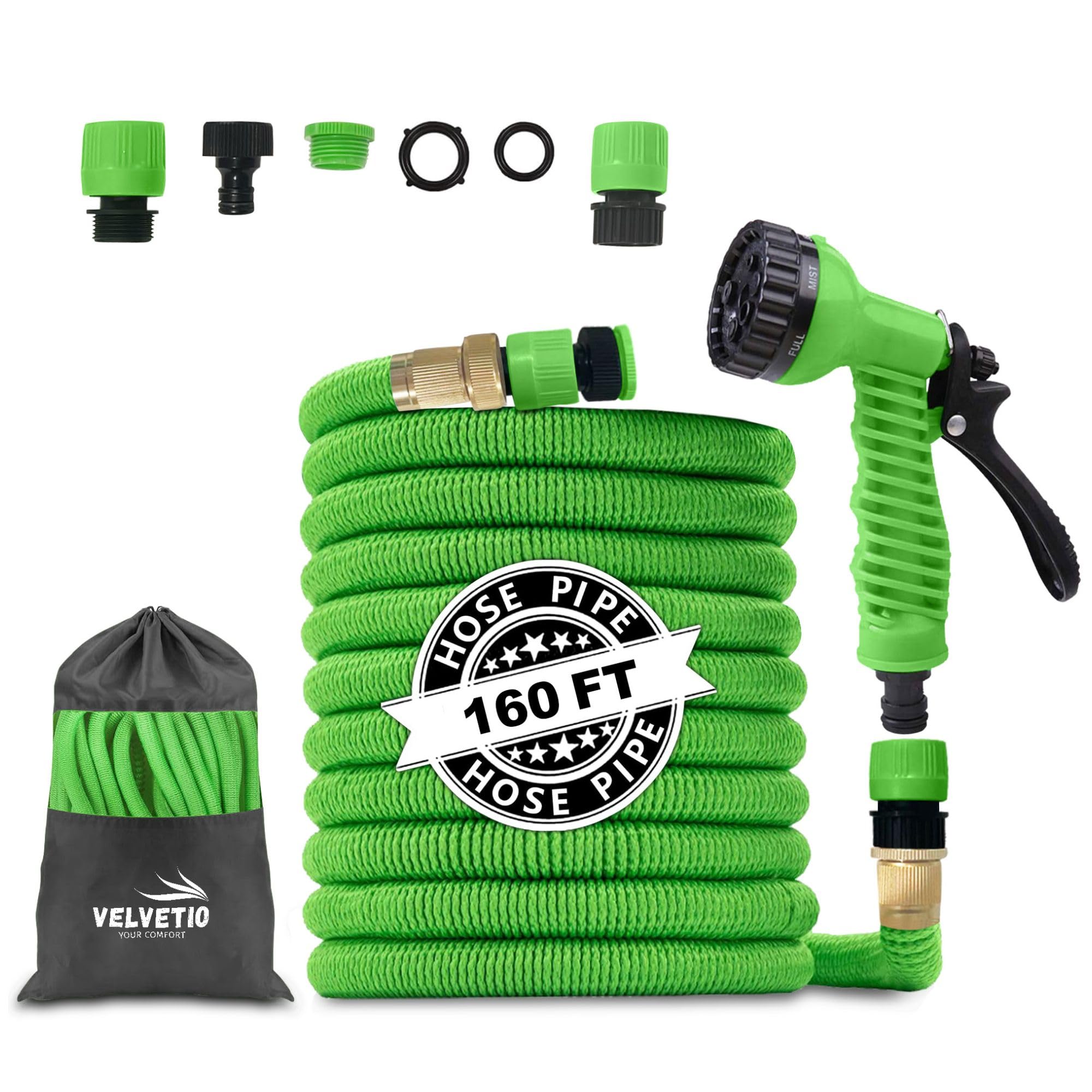 VELVETIO Expandable Strong Garden Hose Pipe 160FT, 7 Function Nozzle Spray Gun with 3/4" 1/2" 1" Leakproof Connector, 4 Layer Latex Core No Kink Flexible Hose for Outdoor & Car Wash, Green