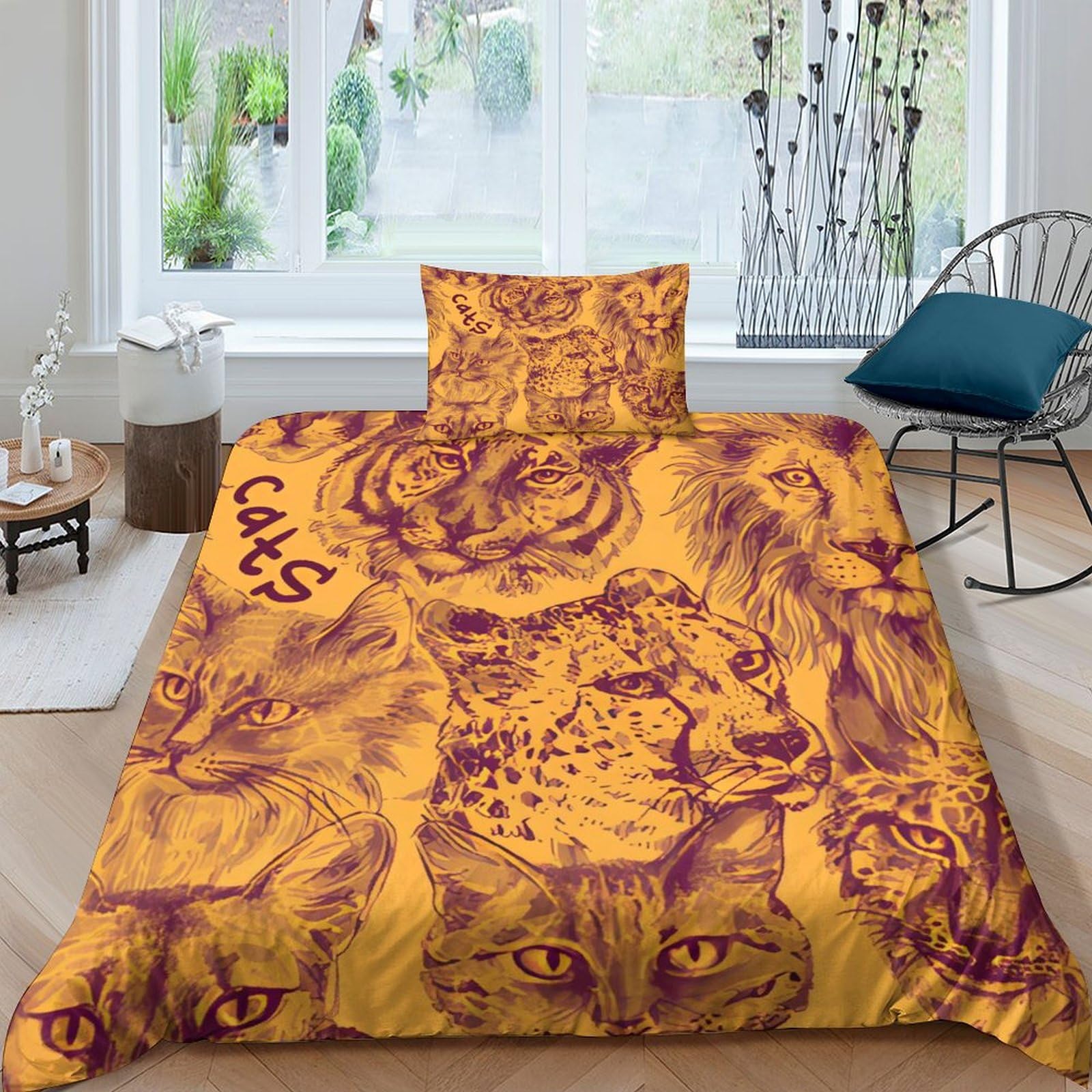 Housse de couette imprimé 3D chats et léopard parure de lit microfibre douce avec zip 135x200cm