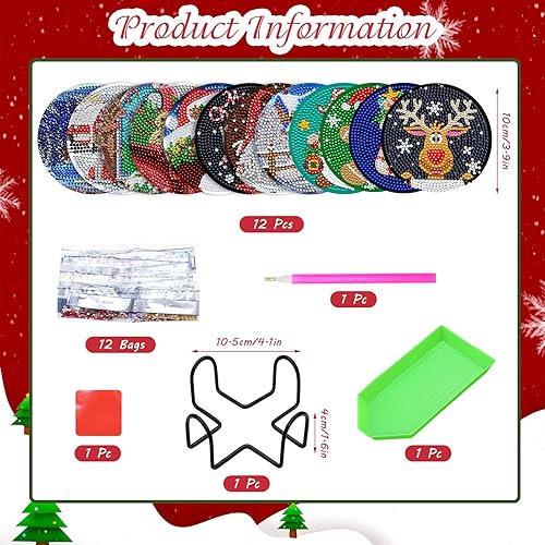 Miniatura 2 de ZYNERY 12 posavasos de arte de diamantes de Navidad con soporte, posavasos de pintura de diamantes con bolígrafo, kits de pintura de diamantes para