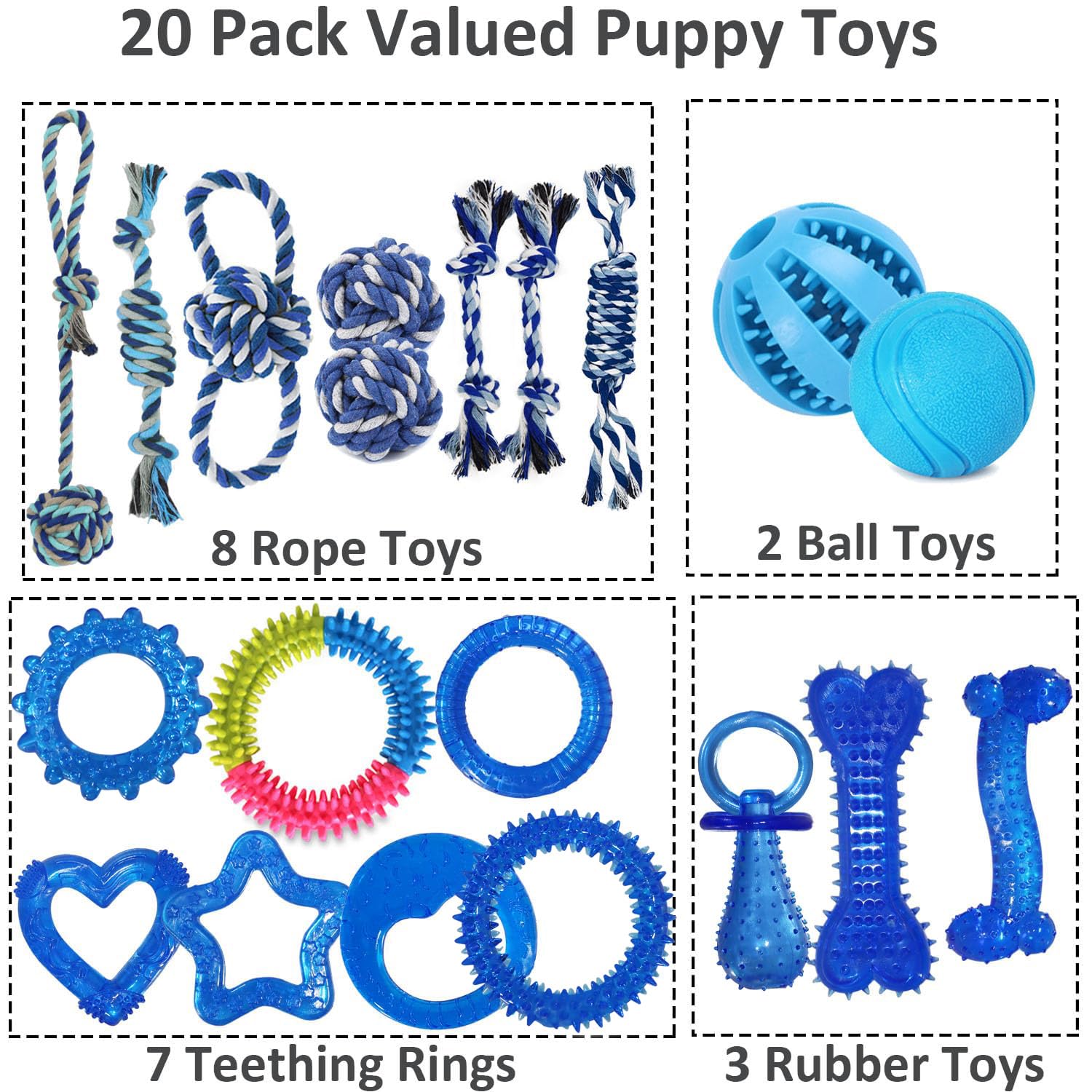 Juego de 20 juguetes para cachorros, juguetes masticables para dentición, juguete interactivo de dentición para perros para razas pequeñas, juguetes de cuerda resistente para cachorros, lindo