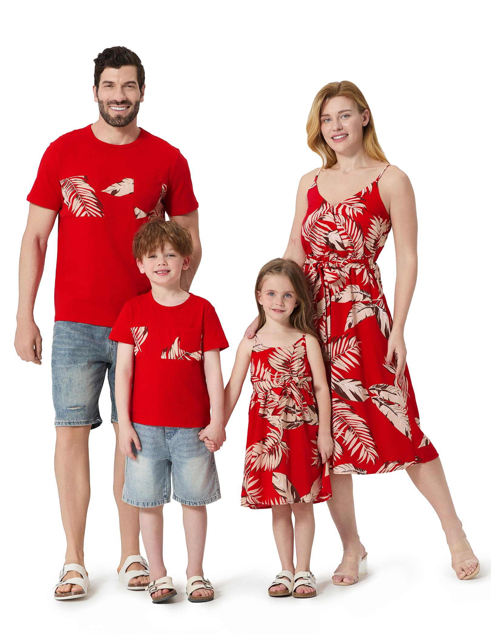 PATPAT Family Matching Outfits Mommy and Me Dresses Hawaiian Tropical Vacation Beach Spaghetti Strap Dress and Shirt