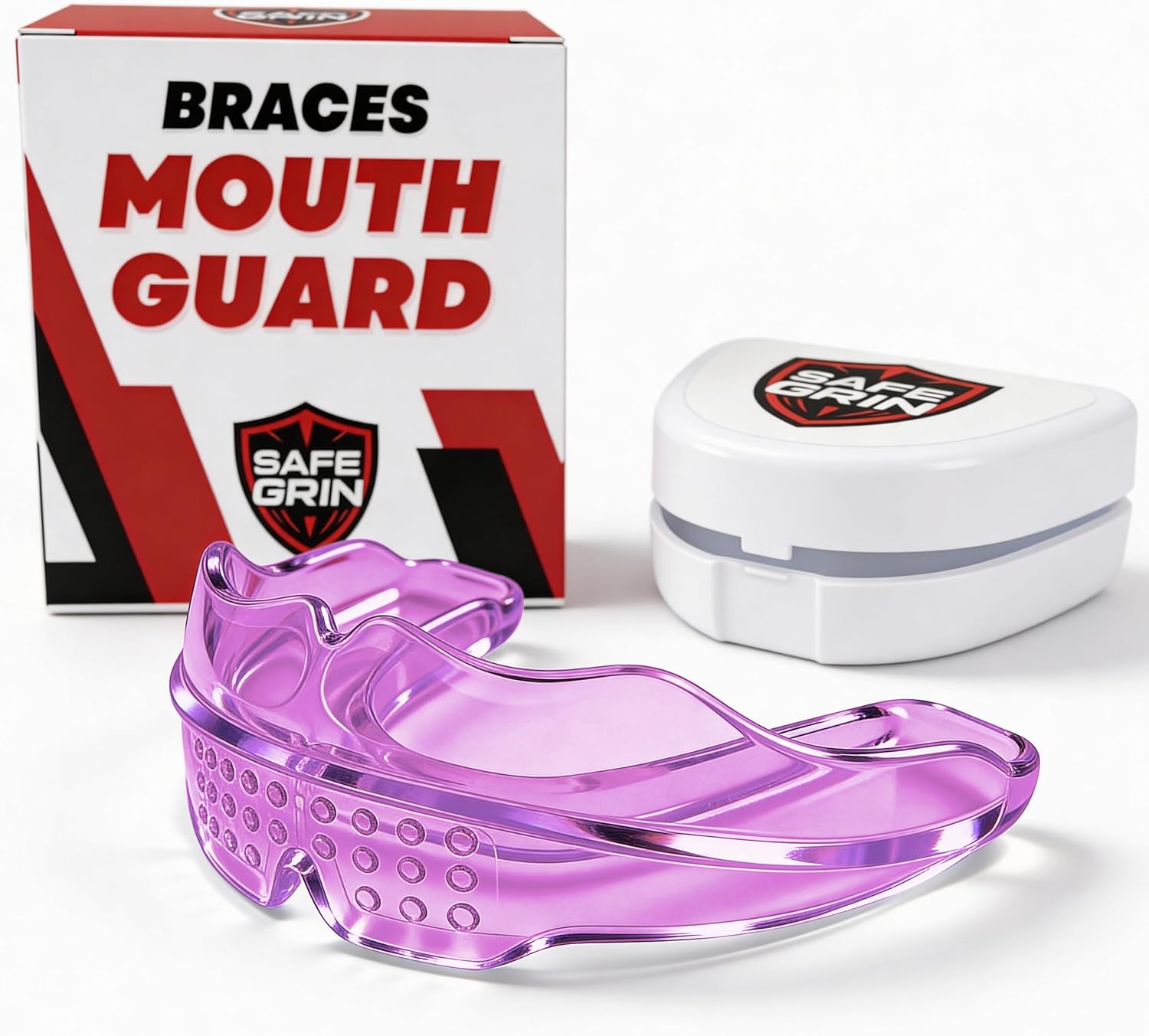 SafeGrin Pink Mouth Guard for Braces for Sports - Premium Silicone Teens & Youth Upper & Lower Teeth Protection for Sports - Football, Lacrosse, Hockey, Baseball