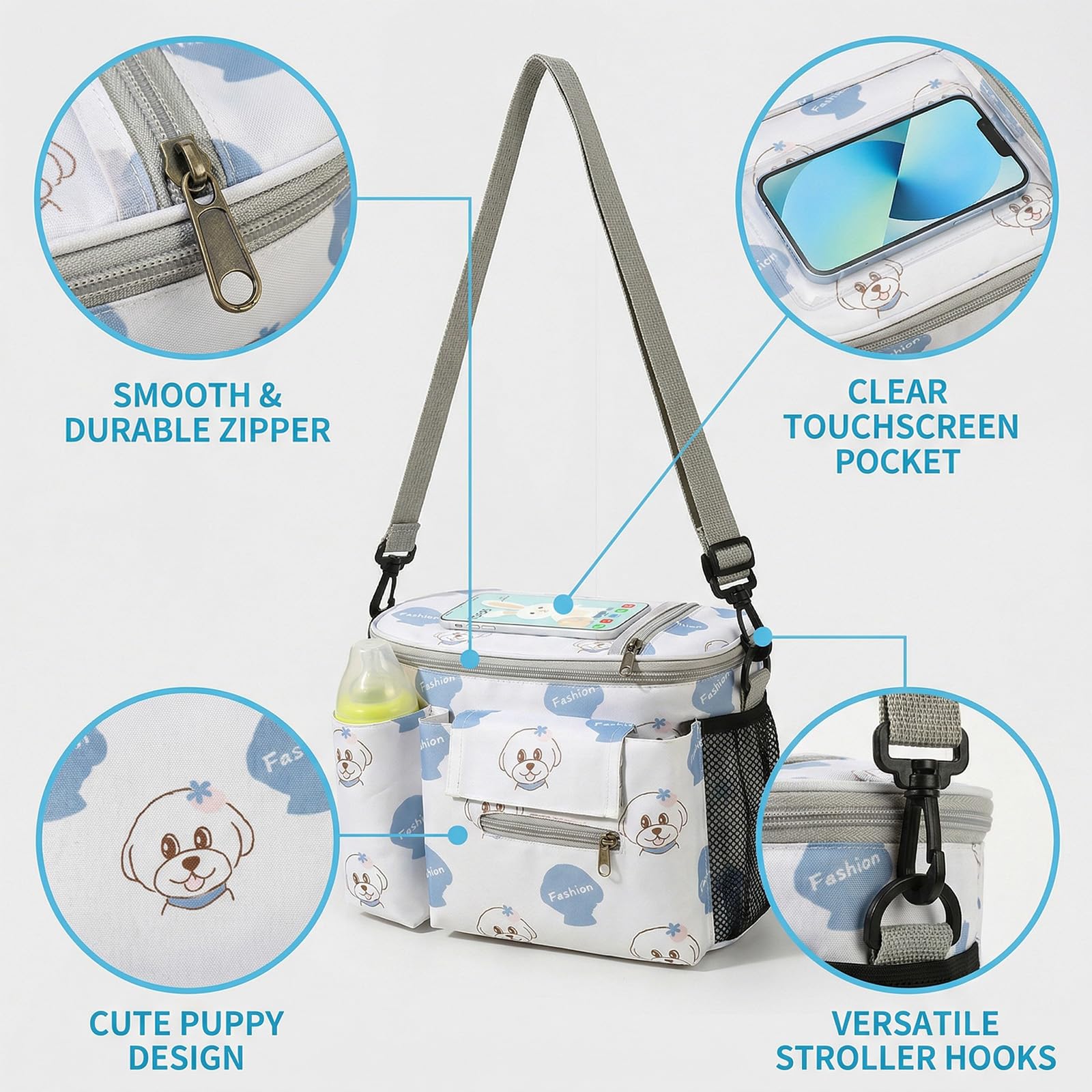 Borsa Passeggino Universale, Impermeabile e Resistente Borsa Carrozzina Neonato con Supporto di Tazza, Borsa Telefono e Tracolla, Adatta Alla Maggior Parte dei Passeggini