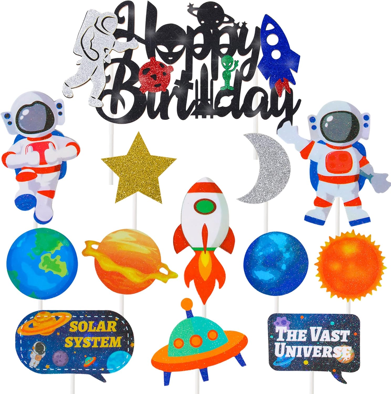 Cooper life Outer Space Party Decoration 25Pcs Glitter Astronaut Rocket Planet Cake Cupcake Toppers for Kids Space Theme Birthday Party Baby Shower Supplies