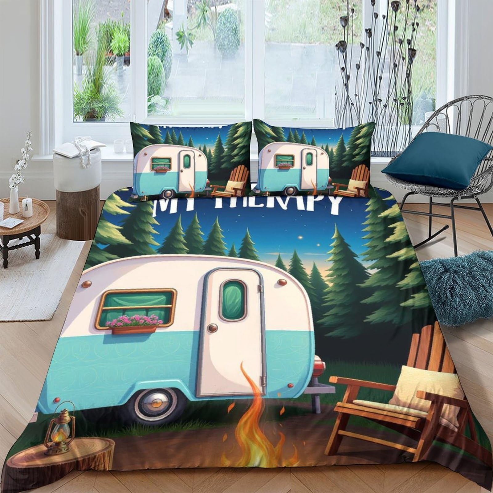 Ctjqhvkz Style-9 3D Printed Camping Caravan Fitted Sheet Microfiber Forest Night Bed Cover For Bedroom Guest Room Mattress Decor Single（135X200cm）