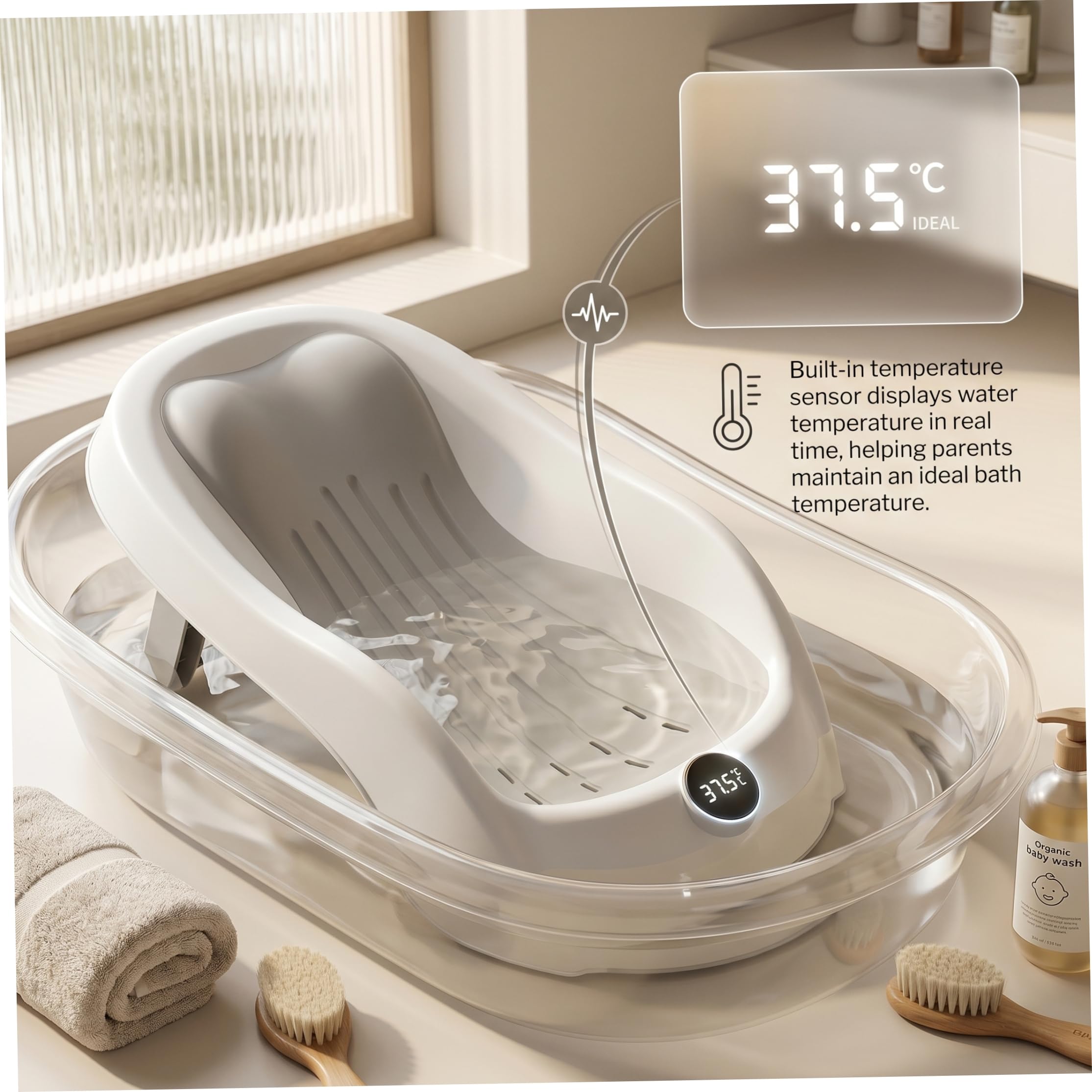 Supporto per bagnetto per neonati da 1 confezione, sedile pieghevole per vasca da bagno neonato antiscivolo con display digitale della temperatura, grigio
