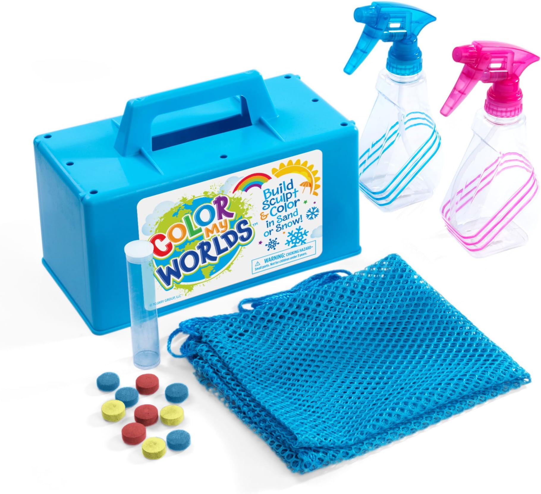 Color My Worlds Sand and Snow Coloring Kit Snow Toy Kids Toy Build a Blue Snowman Make Rainbow Snowballs Purple Igloo Green Orange Pink Snow Sled Path 14 Piece Kit Eco-Friendly Toy Tote Bag Included