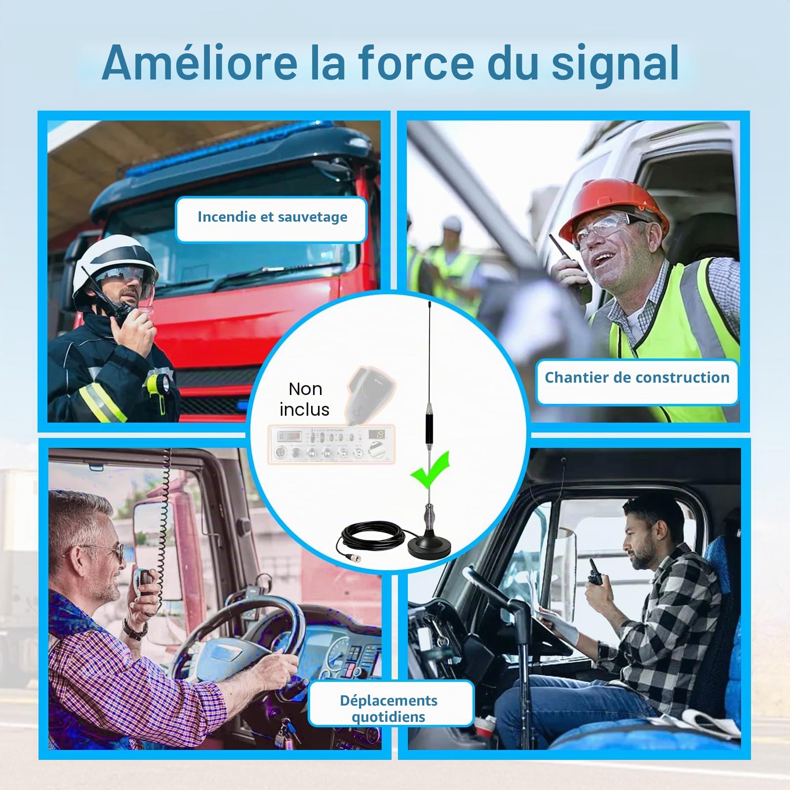 Antenne CB (27 MHz, Ht 67cm) Longue Portée | Compatible avec CiBi Président, Midland, Uniden | avec Socle Magnétique(Ø95 mm), Câble RG58 (5 m, 50 Ω), Fiche PL259 et Adaptateur (UHF vers BNC)