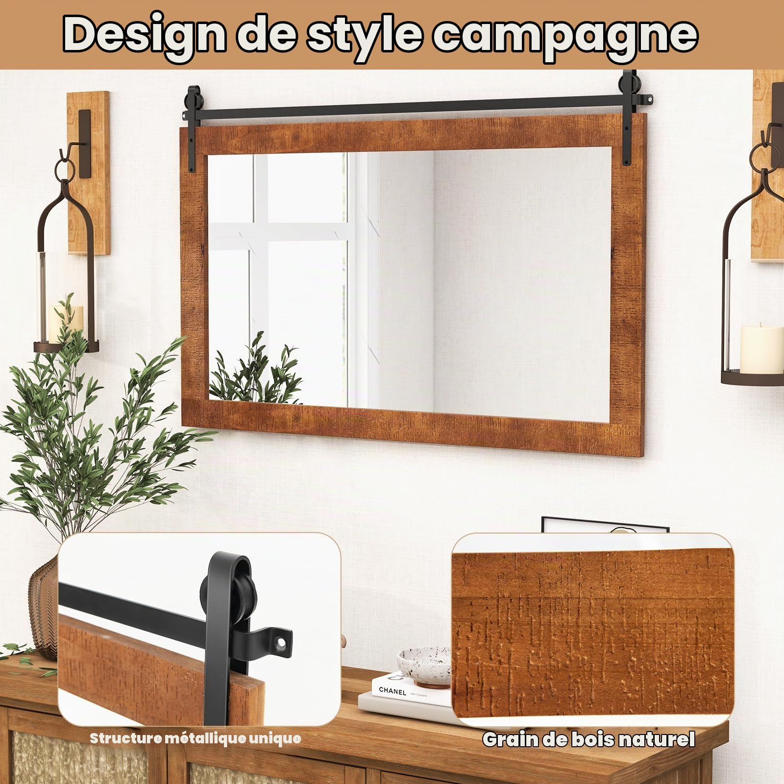 LIFEZEAL 100 X 66 CM Miroir Murale Rustique, Rectangulaire Miroir Murale avec Cadre en Bois Massif, Support en Métal, Décoration Rustique pour Salon, Entrée, Chambre, Salle de Bain (Marron)