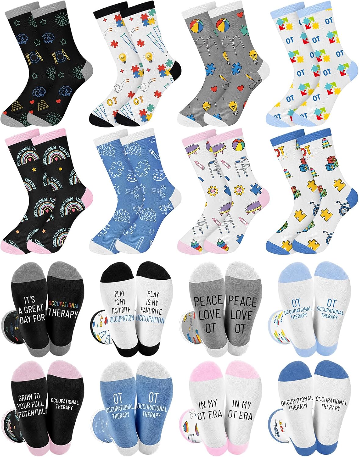 Eurzom 8 Pairs Occupational Therapy Crew Socks Occupational Therapist Gifts Appreciation Gifts Motivational Funny Crew Socks for April Ot Month Graduation Birthday Retirement Coworker Staff Doctors