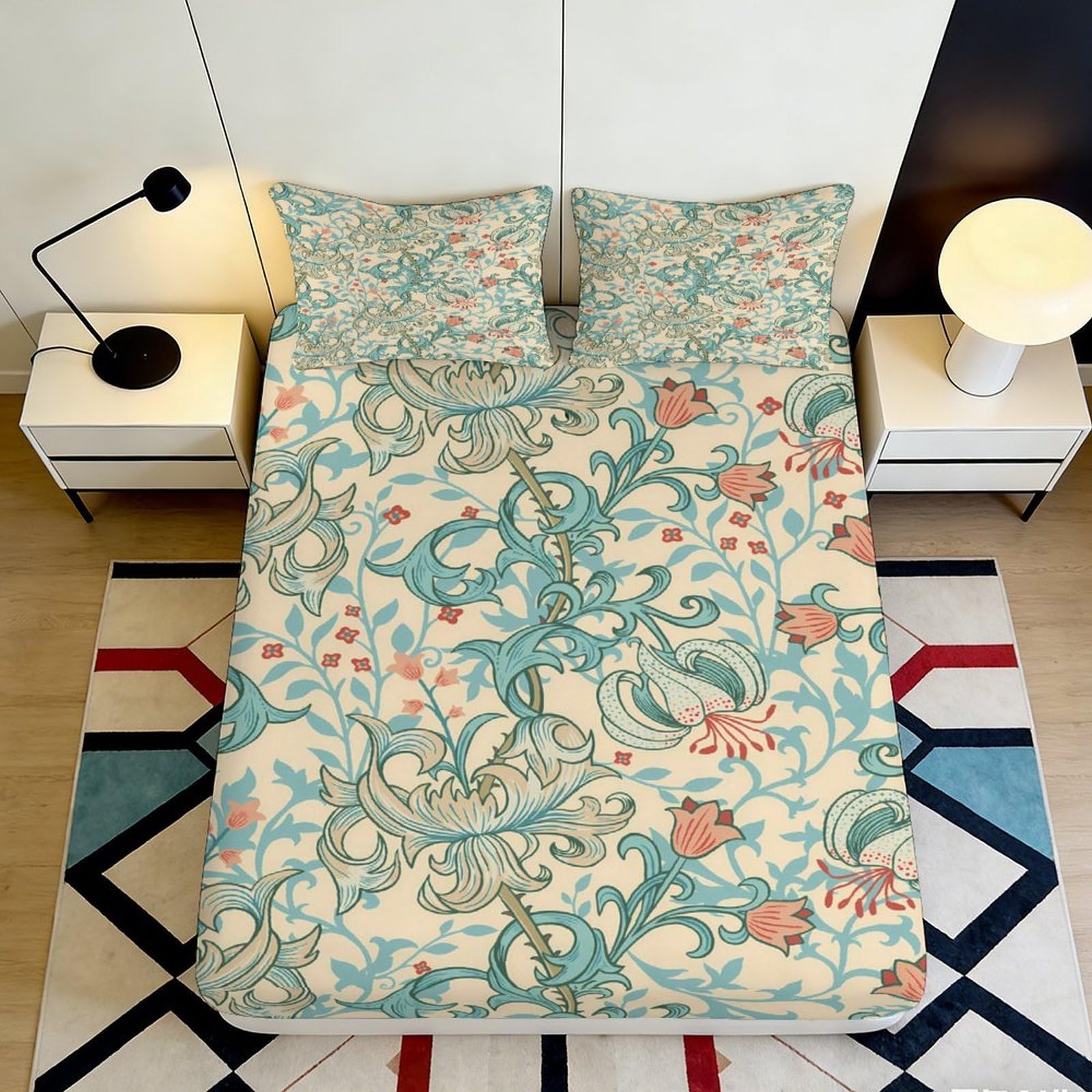 3D Printed Vintage Floral Fitted Sheet Microfiber Soft Green Botanical Mattress Cover for Bedroom Guest Room Decor 120x200x25cm