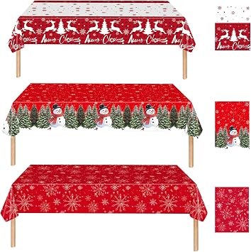 3 Pcs Christmas Tablecloth Plastic,54"x108" Disposable Rectangle Snowman Snowflakes Xmas Table Cloths for Christmas Birthday Party Decoration