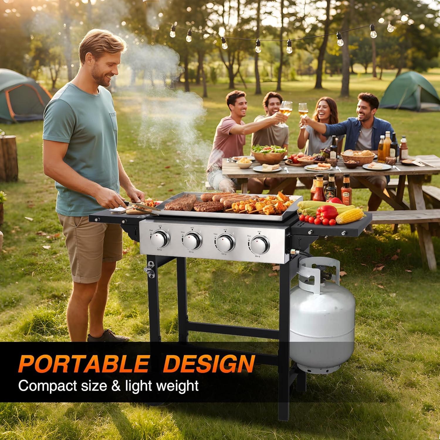 4 Burner Propane Flat Top Grill, 22 Inch Stainless Steel Griddle with Detachable Tabletop & Cart, Portable BBQ Cooker with Side Shelf & 2 Wheels, Dust Cover & Hose for Camping Tailgating