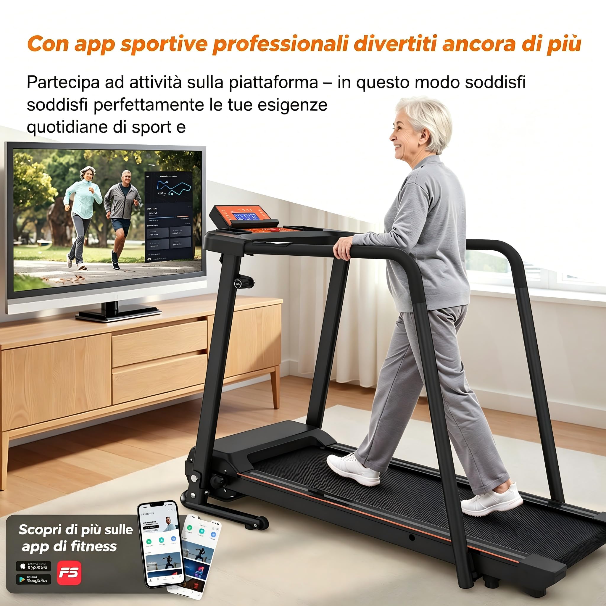 Walking Pad per anziani, tapis roulant pieghevole per casa con maniglia e app, tapis roulant elettrico e silenzioso fino a 120 kg, delicato sulle articolazioni per camminare e fitness