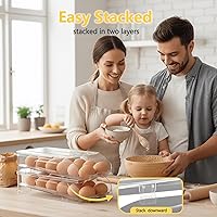 Vista 4 de Soporte para huevos para refrigerador, contenedor automático de huevos con parachoques suaves y asa para refrigerador, organizadores apilables