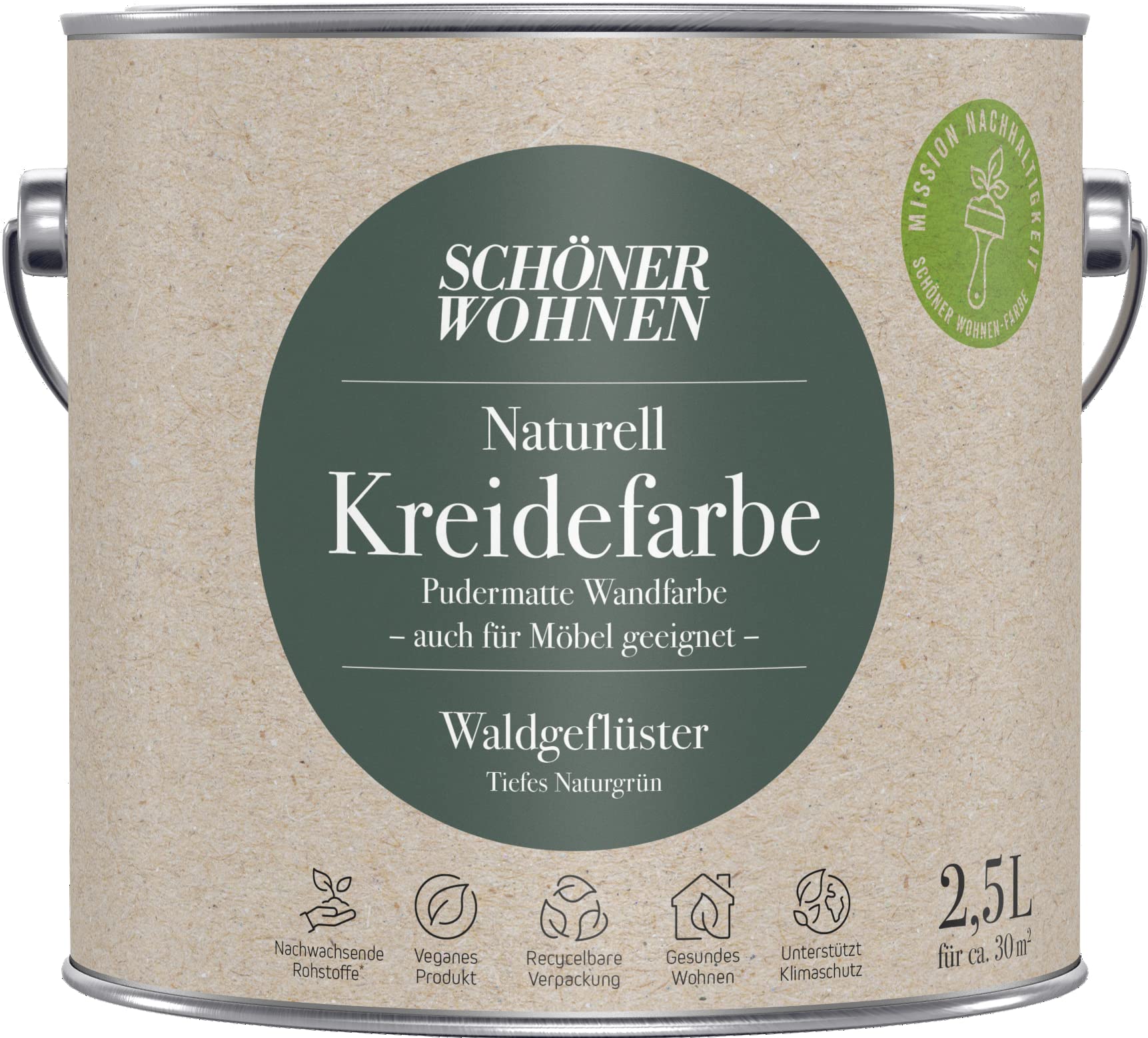 2,5L Schöner Wohnen Naturell Kreidefarbe Waldgeflüster, Tiefes Naturgrün
