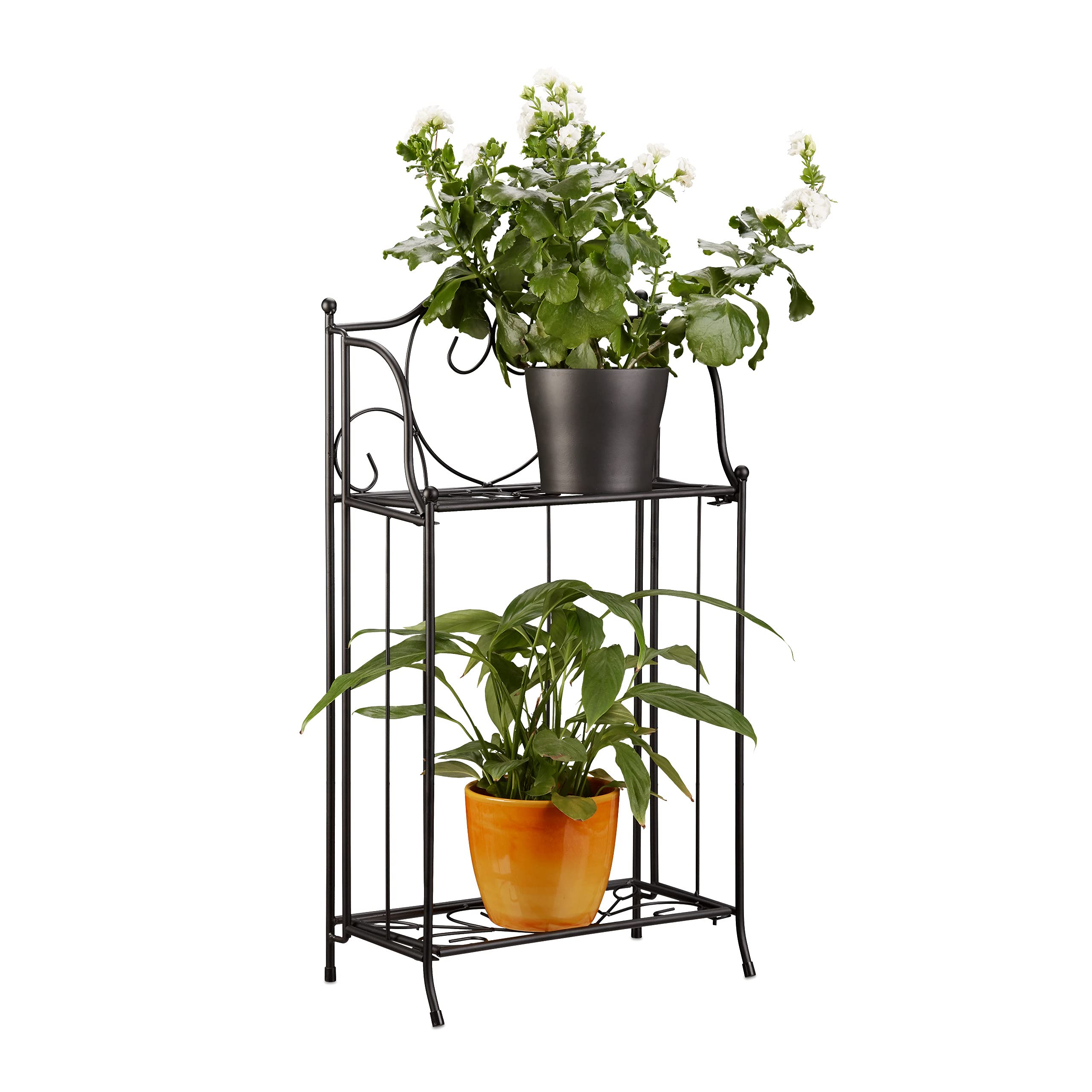 Relaxdays Blumenregal Metall 2-stöckig für Topfpflanzen, Balkon-Deko draußen, stehend HxBxT: 64,5 x 33,5 x 18cm, schwarz, 18 x 33.5 x 64.5 cm