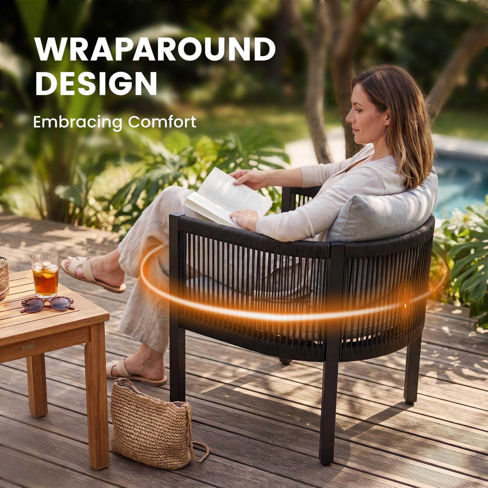 Ya-Home Gartenstühle 4er Set, Loungesessel Outdoor wetterfest, Balkonmöbel Lounge, Terrassenstühle mit Rücken Kissen und Sitzpolster, Gartenmöbel Sessel Rope Design für Garten & Balkon, Grau