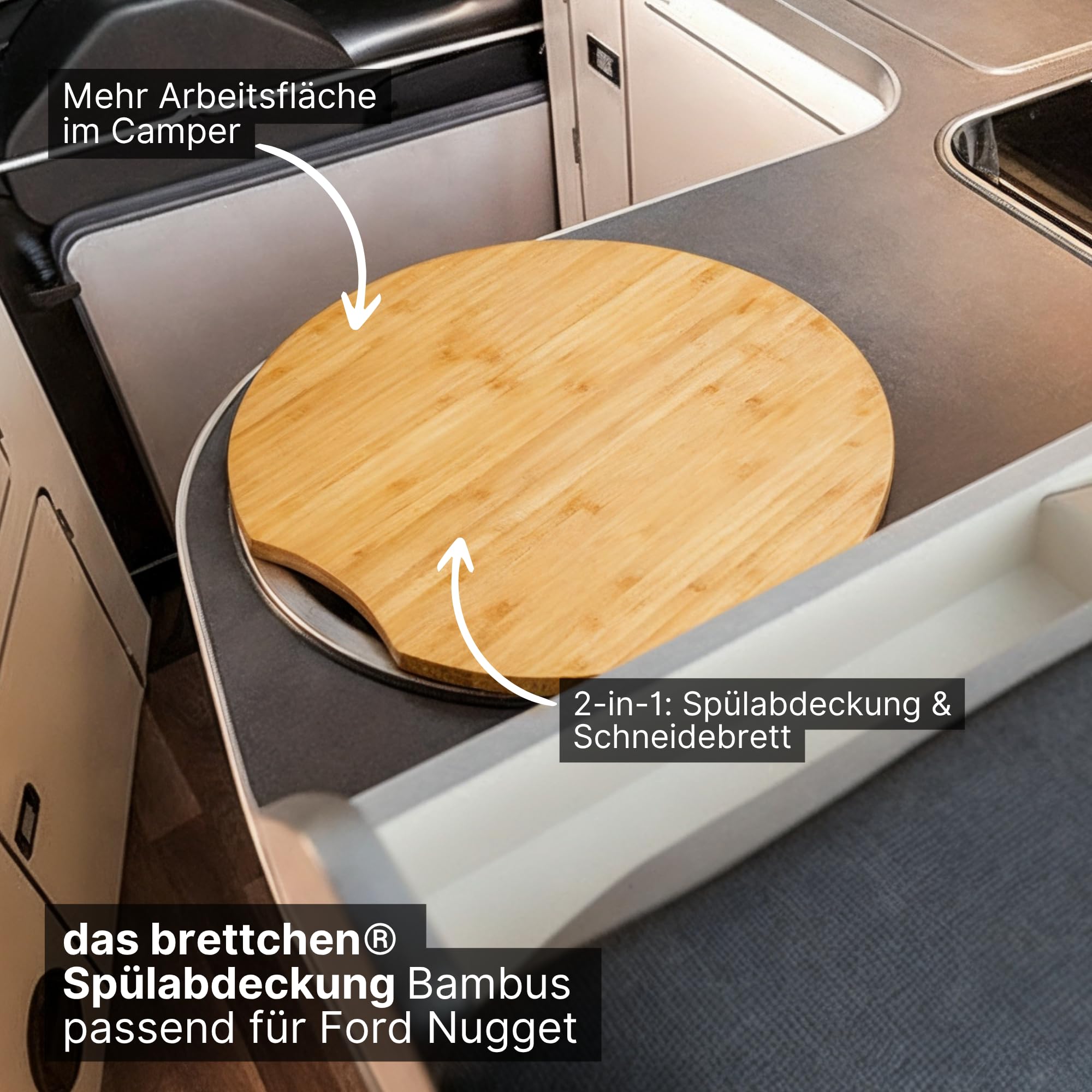 Spülenabdeckung passend für Ford Nugget Westfalia mit Schneidebrett – Bambus 18 mm – Camper Küche Abdeckung & Arbeitsfläche – Ø 32 cm