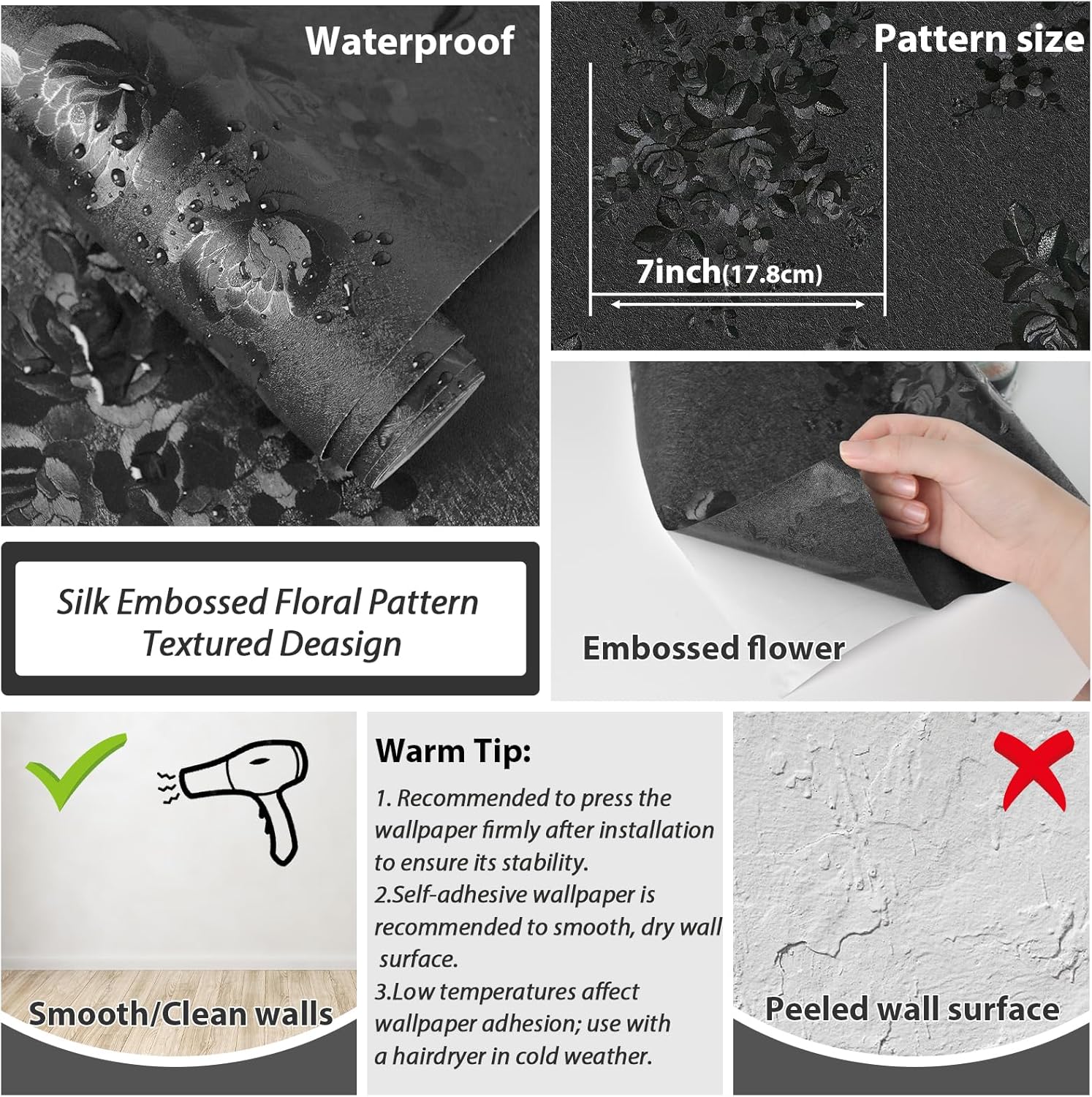 Black Peel and Stick Wallpaper Silk Embossed Floral Contact Paper for Cabinets Drawer Furniture Textured Flower Removable Wallpaper for Kitchen Bathroom Waterproof Thicken Vinyl 393inL 17.7inW