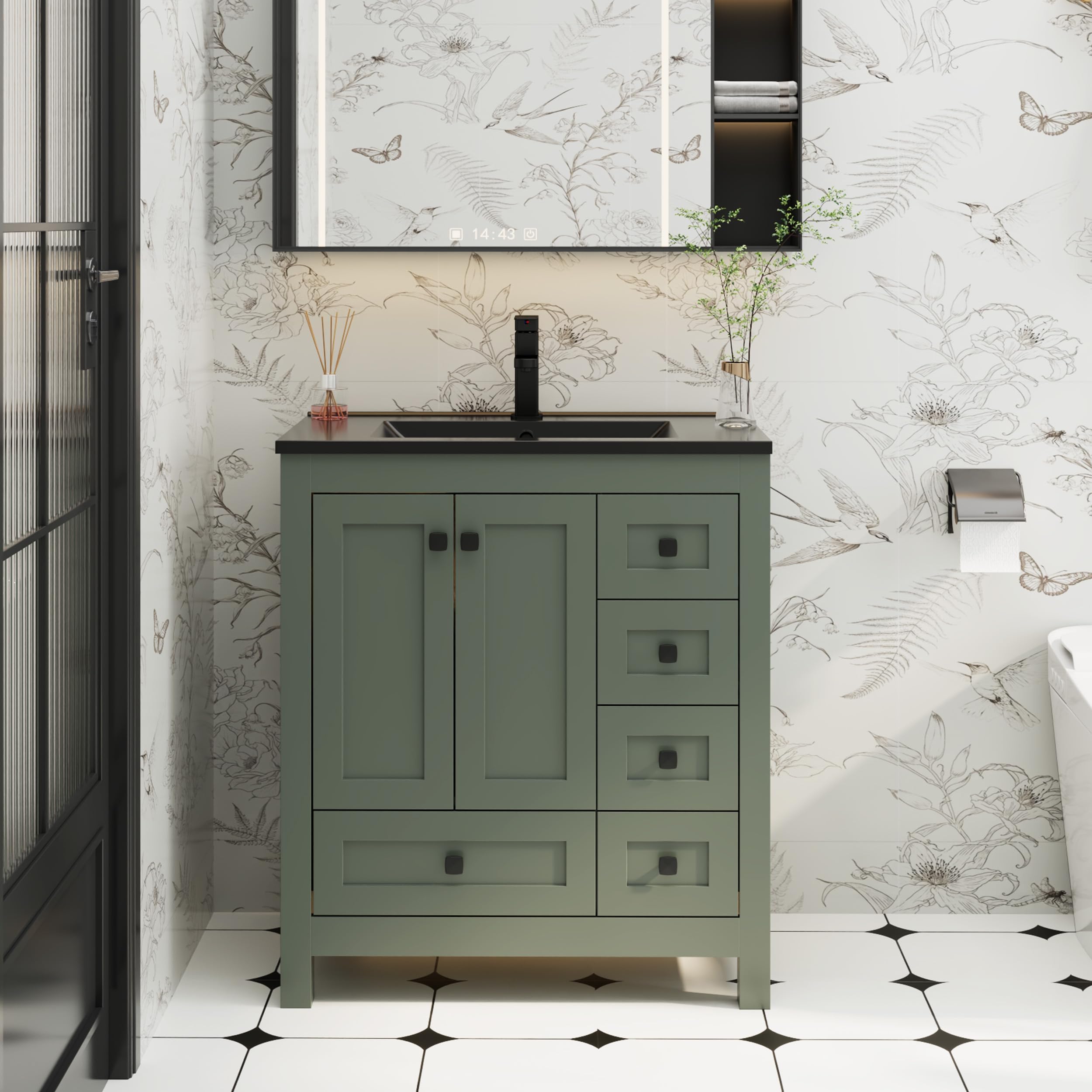 eclife 30 inch bathroom vanity in gray green with an undermount black sink and matte black faucet