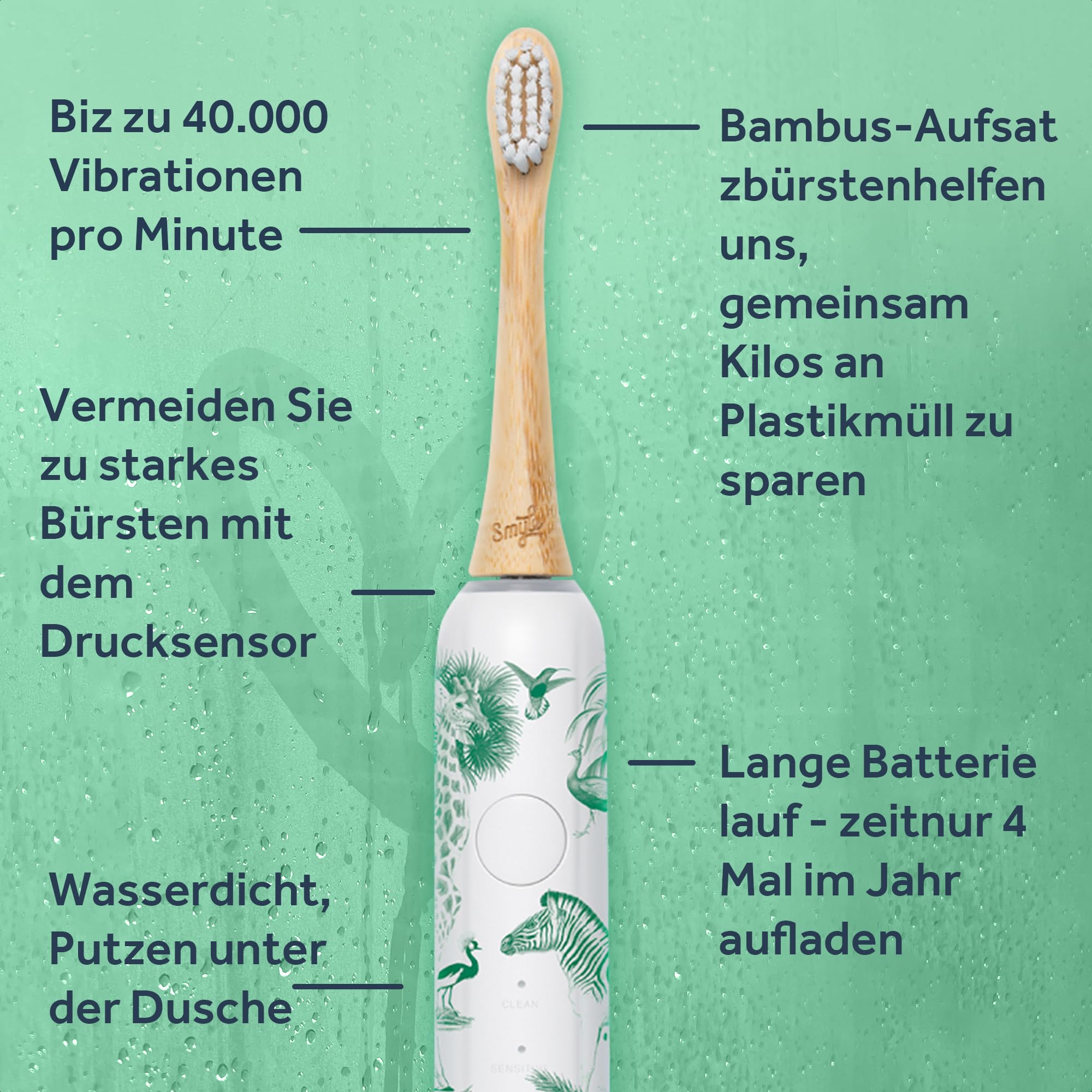 Smyle Zahnbürste - Schallzahnbürste mit Sensor – 3 Monate Akkulaufzeit, USB-C-Ladegerät, intelligenter Timer, 5 Putzmodi, wasserdicht – Elektrische Zahnbürste – Jungle-print