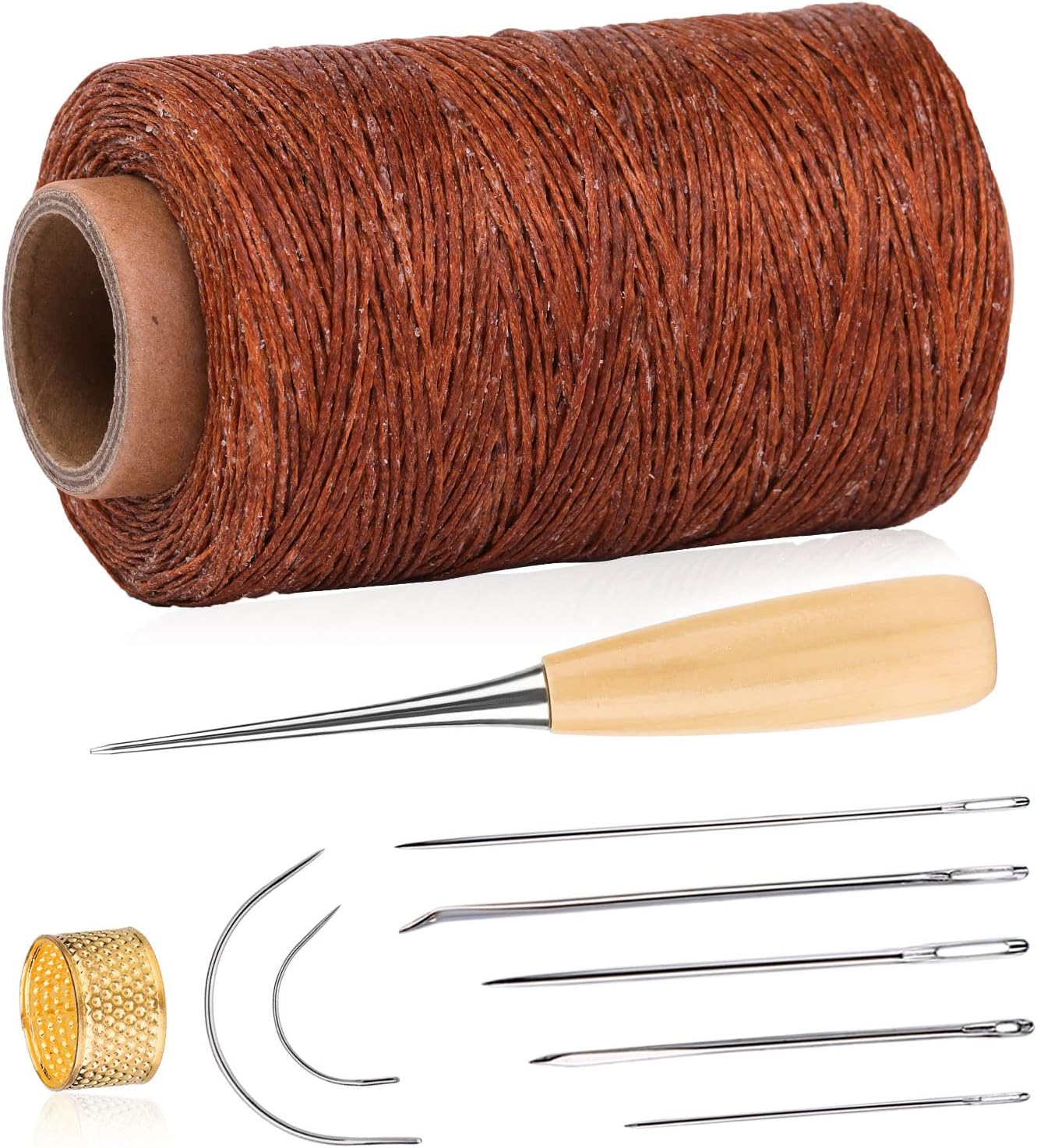 BAGERLA273 Yards Leather Waxed Thread Sewing Kit Including Sewing Thread Needle Awl Thimble, Leather Sewing Upholstery Repair Kit for Leather Carpet Sofa Seat Shoe Sewing and Repair(Brown)
