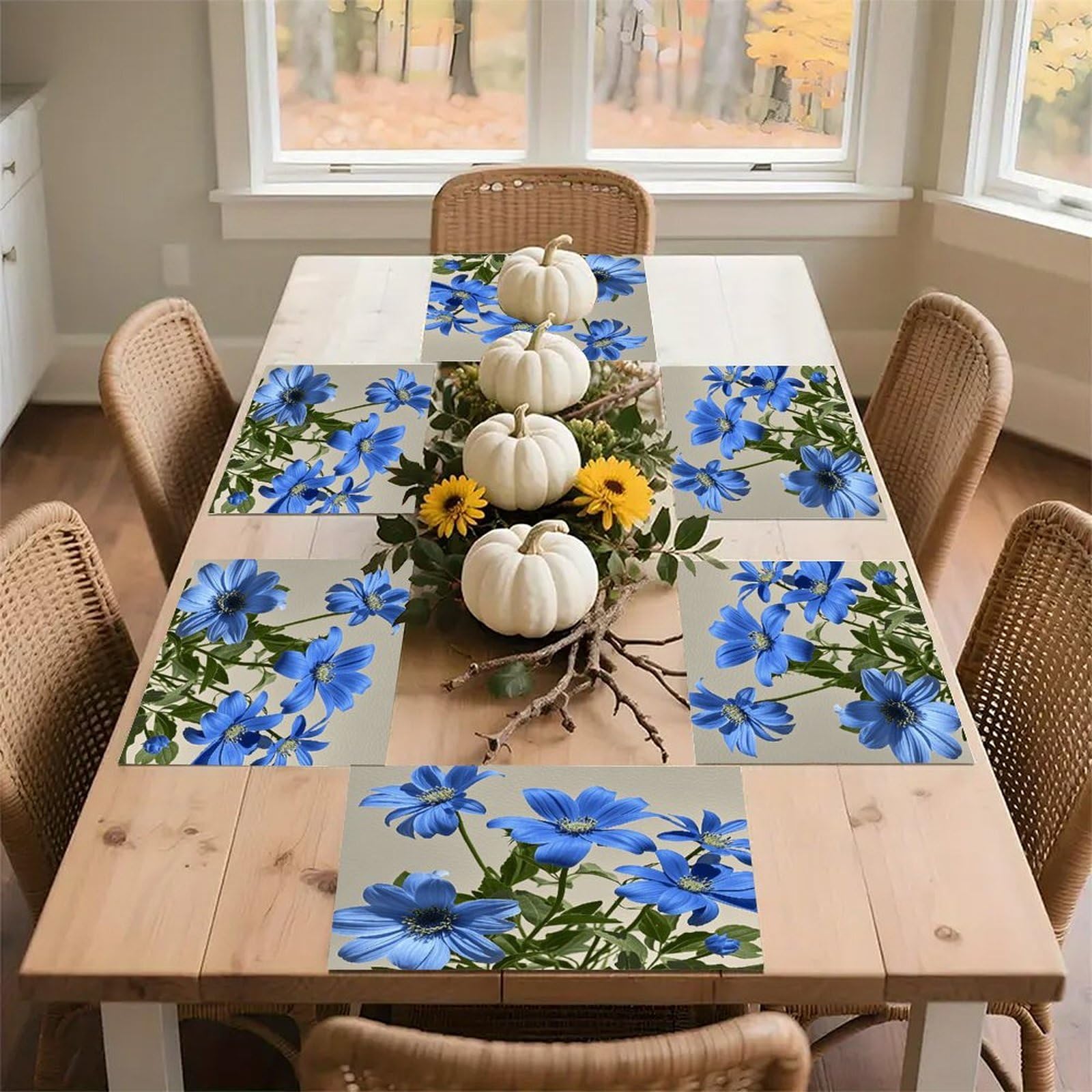 Cyan Blue Flowers Placemats Wipeable Heat Resistant Table Mats Washable Flax Place Mats Elegant Cloth Non-Slip Placemat for Kitchen Dinning Party Table Decor 12 * 18 in