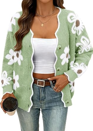 HDLTE Cardigan Sweaters for Women Chunky V-Neck Button Down Knit Fuzzy Floral Sweater 2025