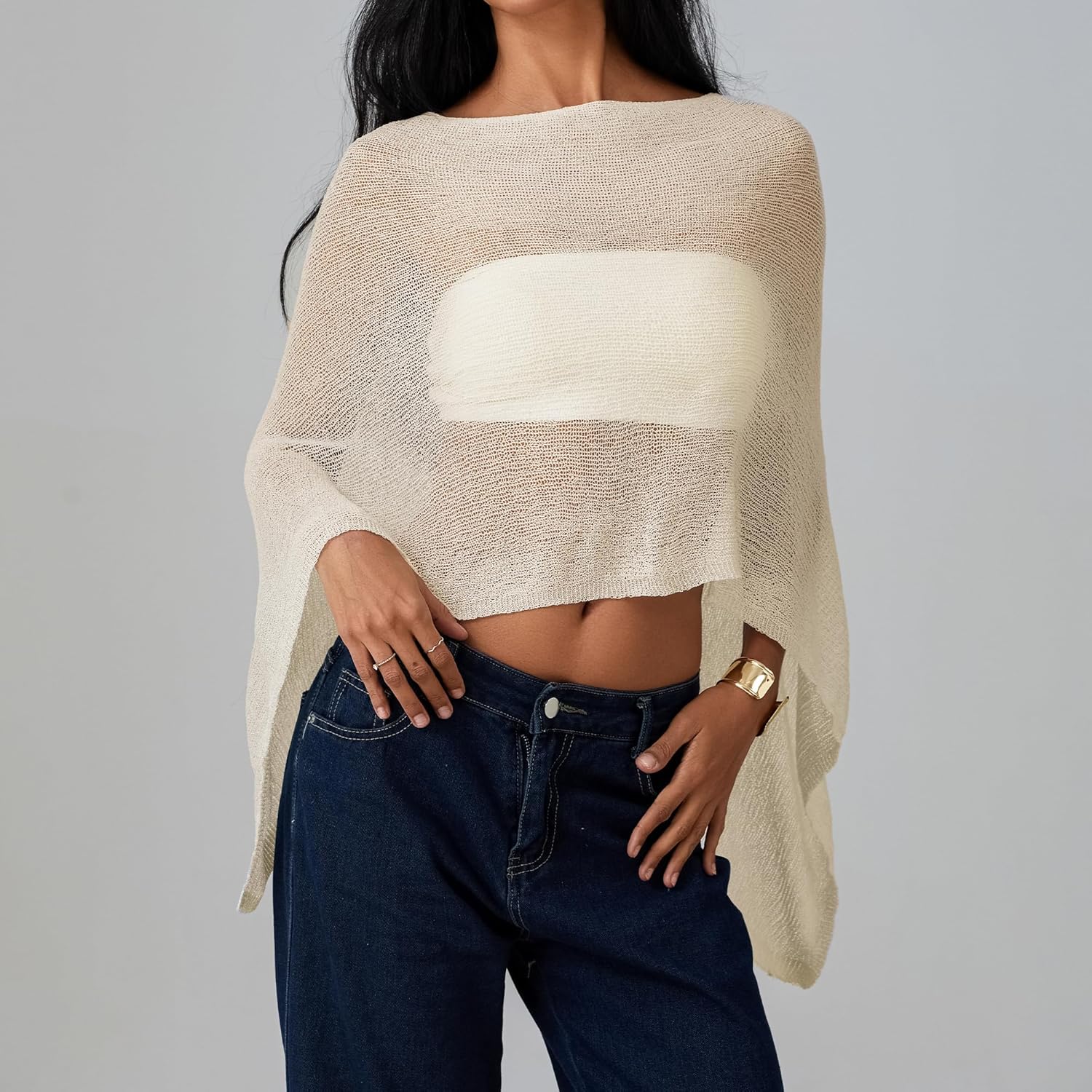 Women Sheer Poncho Top Knit Crochet Lightweight See Through Shawl Summer Shrug Beach Cover Up - Image 7