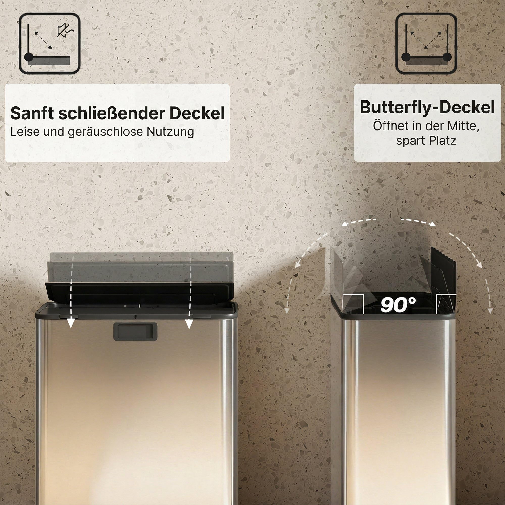 HOMCOM Küchenmülleimer 2 x 28L Edelstahl-Tretmülleimer mit Soft-Close-Schmetterlingsdeckel, herausnehmbaren Inneneimern, 2 Fächern, Mülltrennsysteme, für Recycling und Müll, Silberton