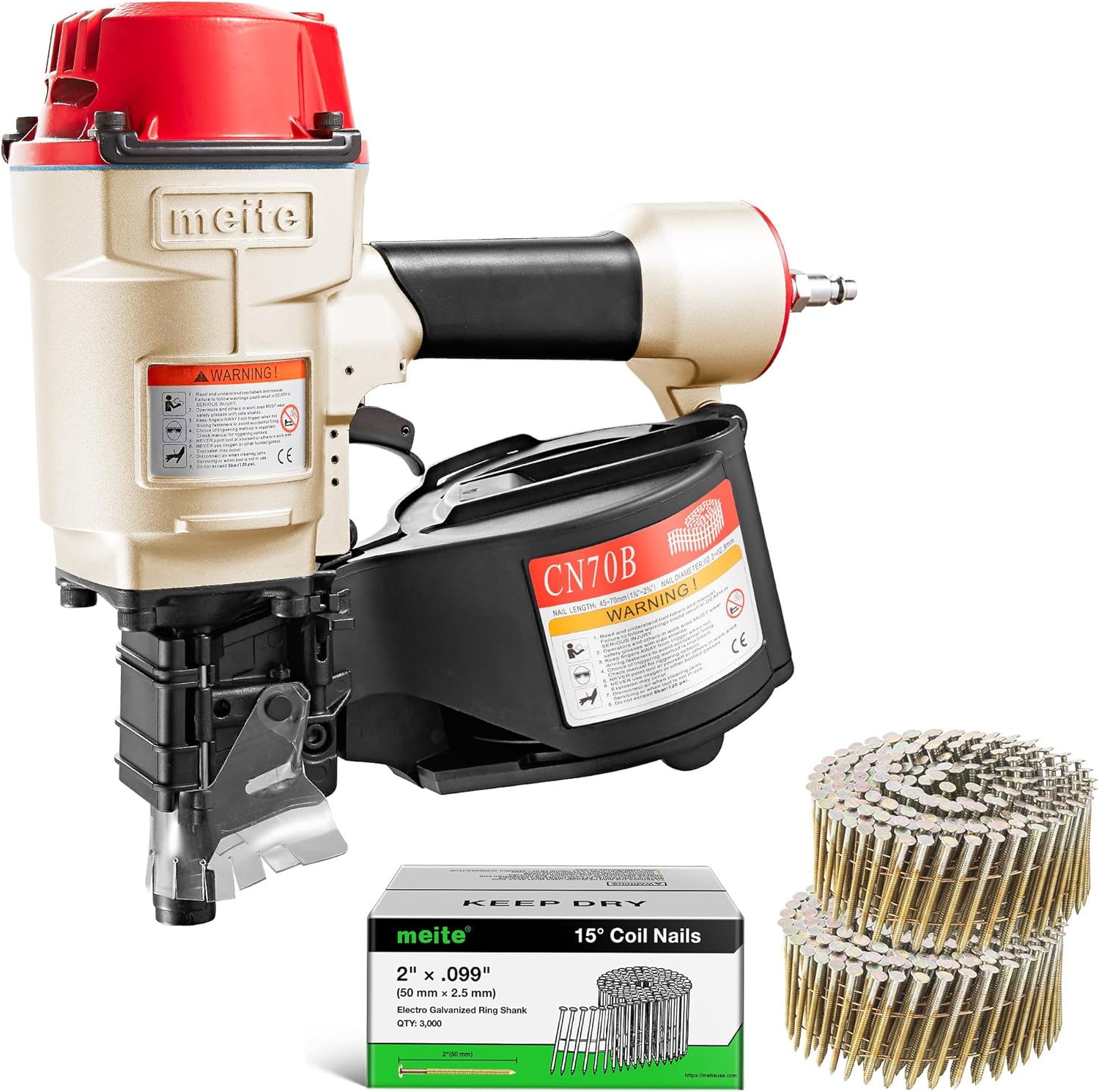 meite CN70B Pneumatic Coil Nailer with 15 Degree Siding Nails 2" × .099'' - Air Coil Nail Gun with 400PCS Magazine, 360° Adjustable Exhaust for Framing Sheathing Pallets Hardwood Projects