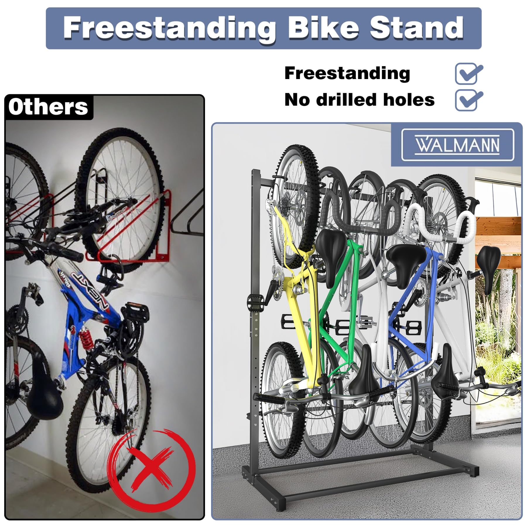WALMANN Freestanding Bike Stand for Garage, 5 Bikes Vertical Bike Storage Stand Heavy Duty Bike Floor Stand