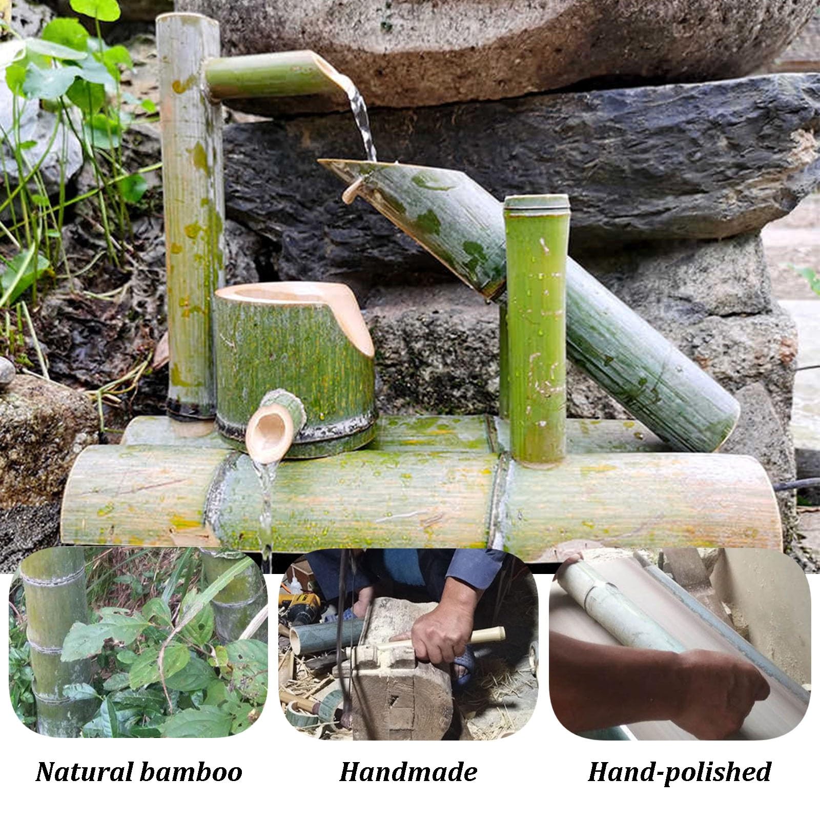 Kit Fontaine en Bambou, Fontaine de Jardin Artisanale avec Pompe, Jet d'eau étagé, Fontaine Solaire extérieure 6 W pour terrasse, Jardin, Bassin et pelouse, 45 cm