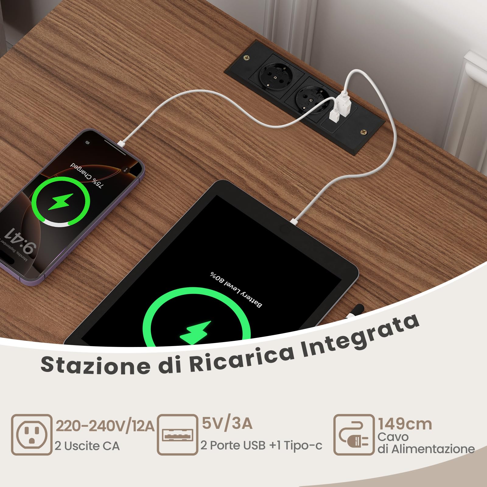 RELAX4LIFE Supporto per Giradischi con Stazione di Ricarica, Porta Vinili con 5 Scomparti e Gambe in Metallo, Scaffale per Dischi in Vinile per Soggiorno, Camera da Letto (Noce)