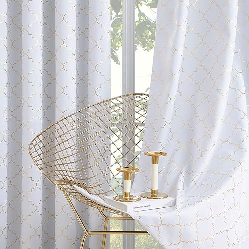 Cortinas opacas completas de 63 pulgadas de largo, con aislamiento térmico, color blanco, con patrón geométrico metálico dorado, bloqueo de luz, Cortinas opacas completas de 63 pulgadas de largo, con aislamiento térmico, color blanco, con patrón geométrico metálico dorado, bloqueo de luz,