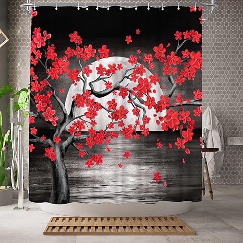 Miniatura 2 de WELMECO Cortina de ducha negra y roja con luna llena de árbol rojo, cortina de ducha para decoración de baño, tela de poliéster, 72 x 72 pulgadas