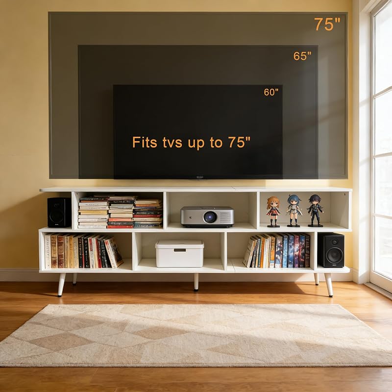 Lightdot 65" White TV Stand for 75" with Shelf, Modern Entertainment Center image 4