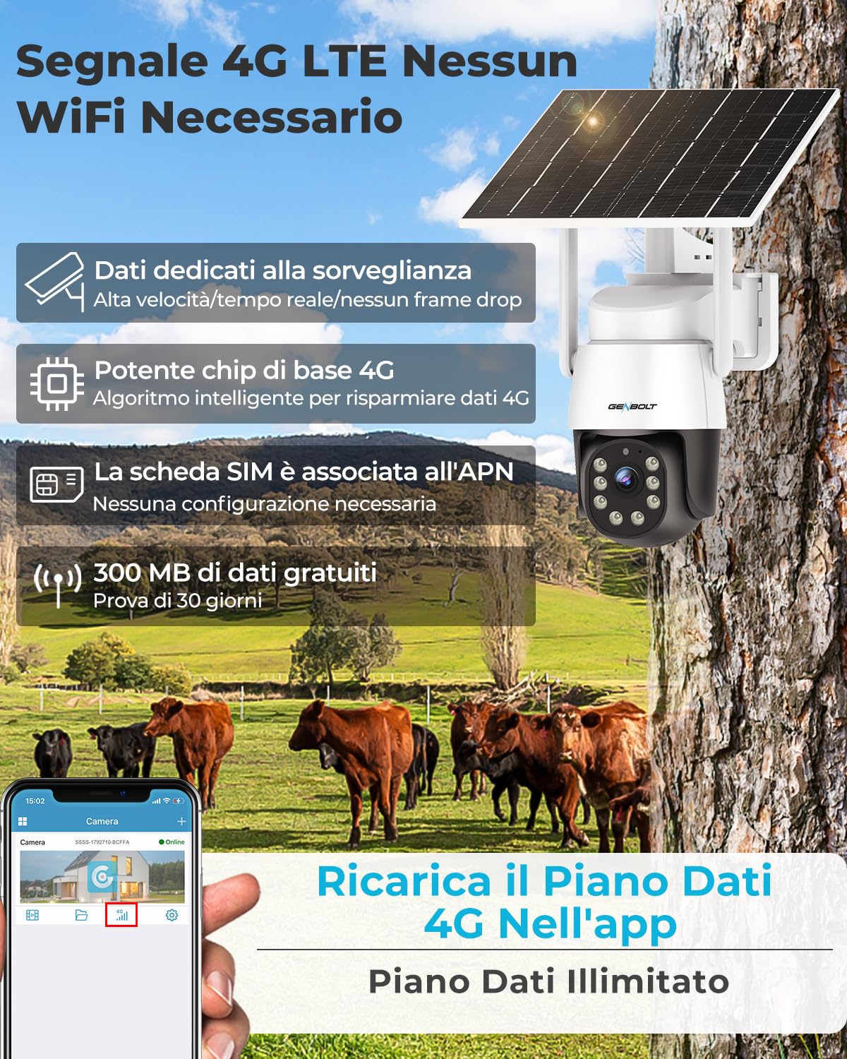GENBOLT 4G AOV Solare Telecamera Esterno Senza Fili di Sicurezza Esterni | Registrazione Continua 24/7,3MP IP Videocamera Sorveglianza,SIM Card,Rilevamento AI 90FT,CCTV Camera Batteria 8W 10400mAh