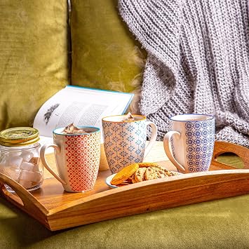 Nicola Spring Hand-Printed Mug - 330ml - Blue - Pack of 6 - Stoneware Hot Chocolate Cups Tea & Coffee Mugs for Kitchens, Cafes & Restaurants