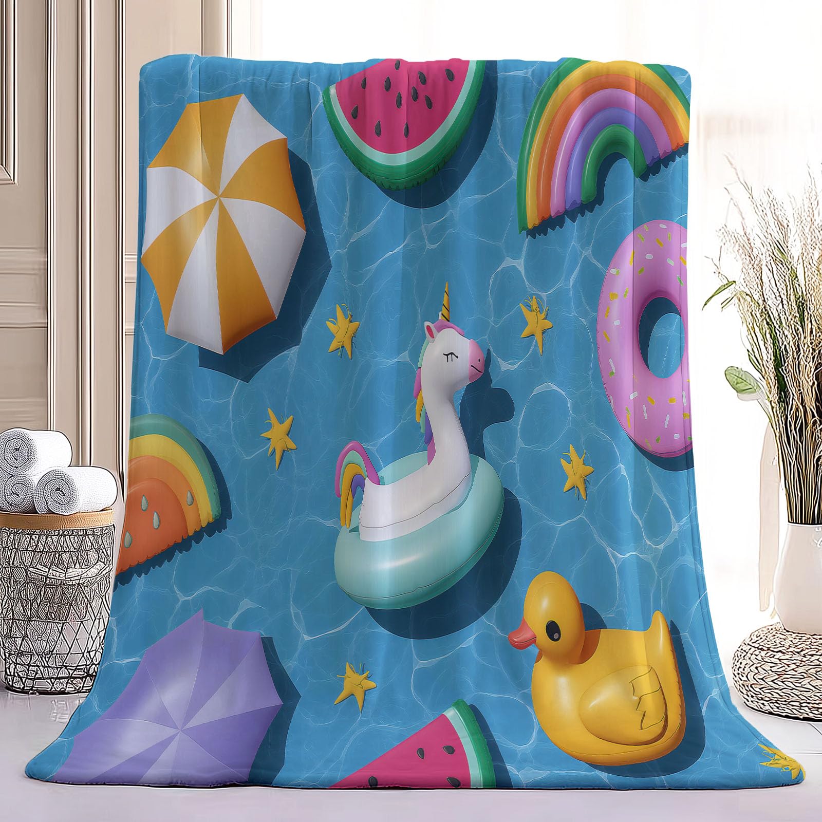 Manta mullida de 180 x 220 cm – azul suave franela reversible para sofá o piscina, con anillo de natación, manta de forro polar extra cálida para camping y oficina