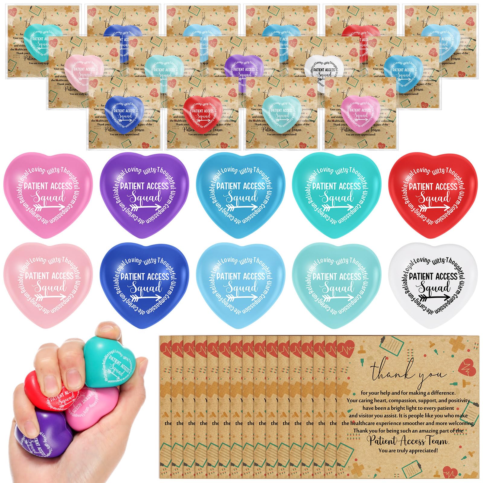 Arrowbash 20 Set Patient Access Week Squad Gifts Bulk Heart Stress Relief Balls Thank You Card Healthcare Inspirational Squeeze Ball for Medical Staff Team Coworker Birthday Party Appreciation Gift