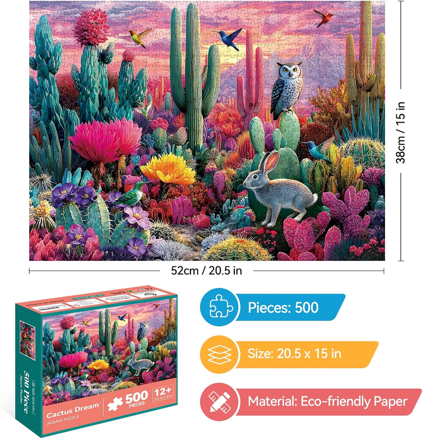 500 Piece Jigsaw Puzzle for Adults –Cute Desert Animals Jigsaw Puzzles 500 Pieces, Cactus Bunny Hummingbird Puzzles for Adults 500 Pieces, Challenging Perfect for Game Nights, 20.5 X 15 in image 2