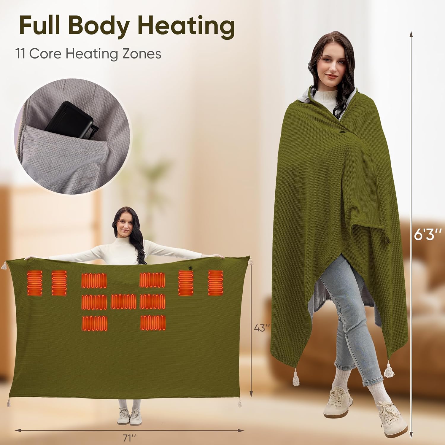 71" x 43" Wearable Heated Blanket, 20,000mAh 7.4V Power Bank, 3 Heat Levels, 11 Panels, Machine Washable, Laundry Bag & Belt - Image 2