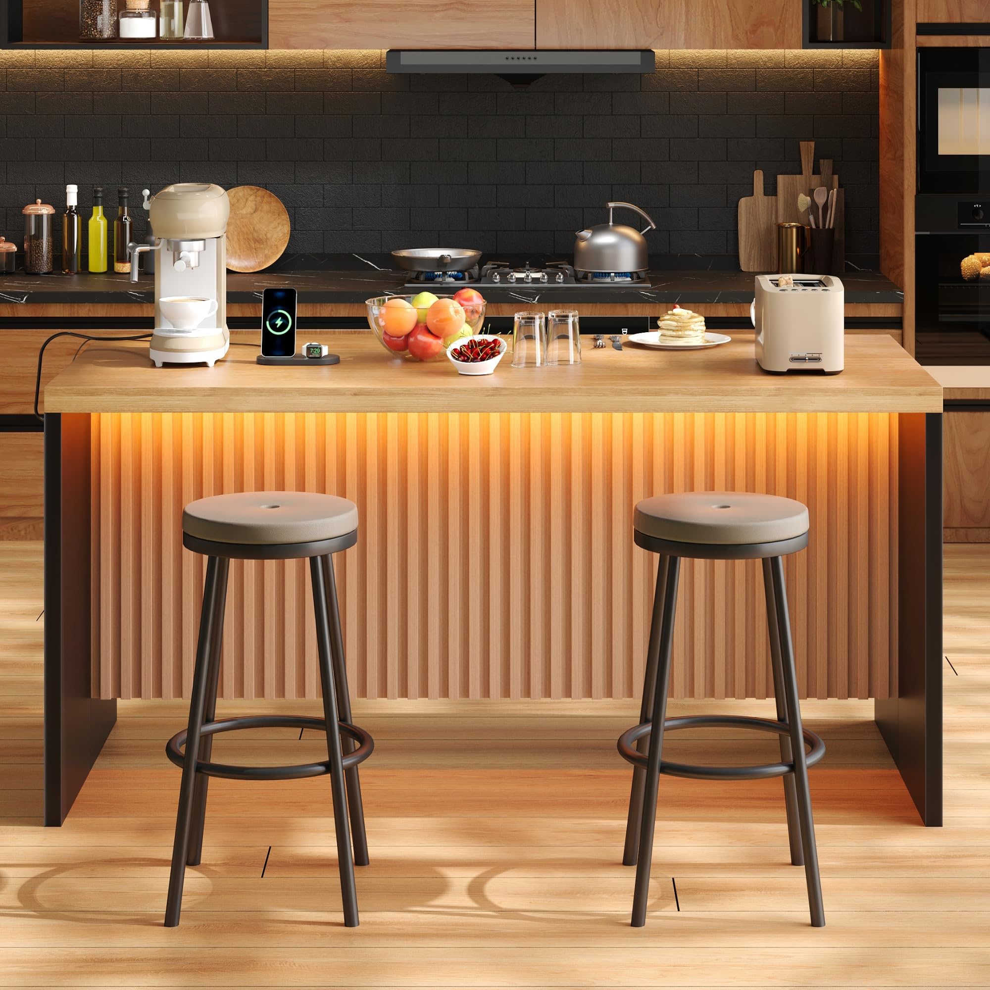 Merax Isola da cucina autoportante con piano di lavoro effetto legno da 40 mm, isola da cucina con LED, presa 2 prese, 2 USB, moderno tavolo da bar per cucina, sala da pranzo, 155 x 80 x 90 cm, nero +