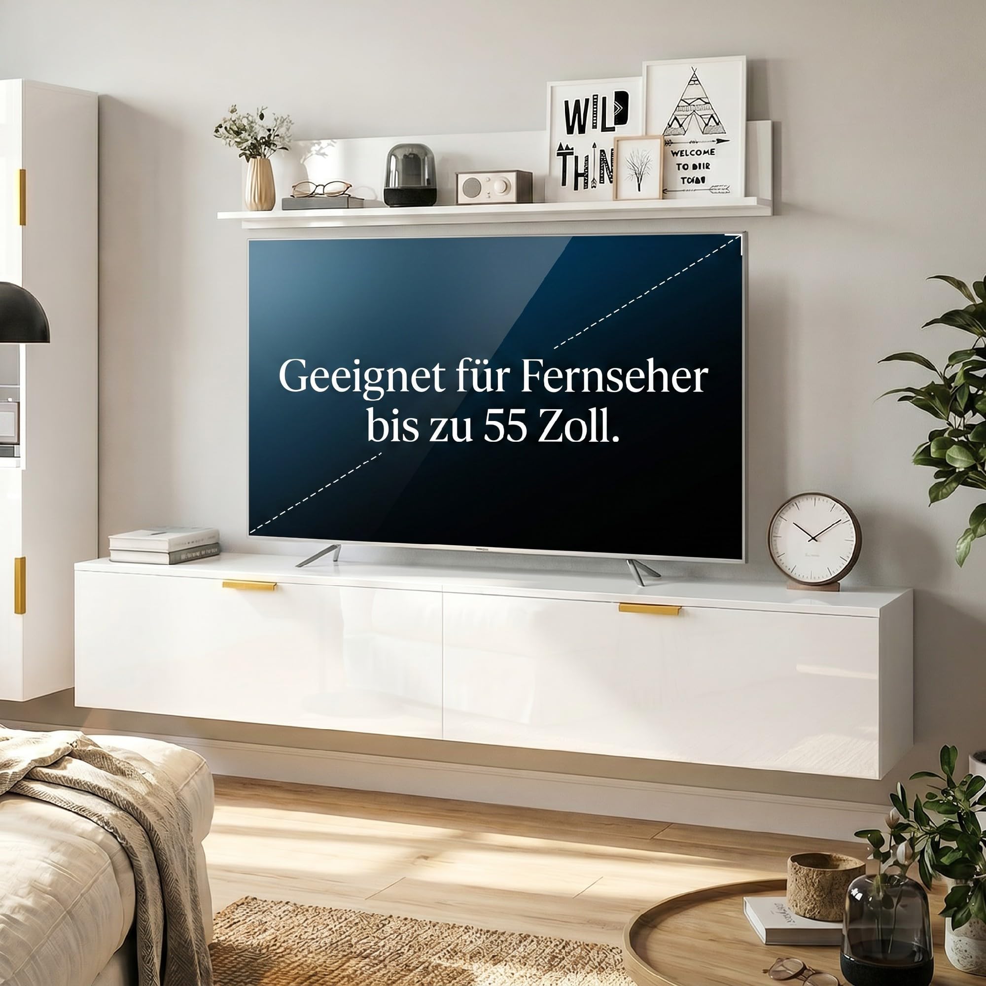 HOMCOM Wohnwand Wohnzimmer 3-teiliges TV Set mit Wandregal und Aufbewahrungsschrank, Fernsehschrank Lowboard mit Klapptüren, passend für Fernseher bis 55", Hochglanzweiß