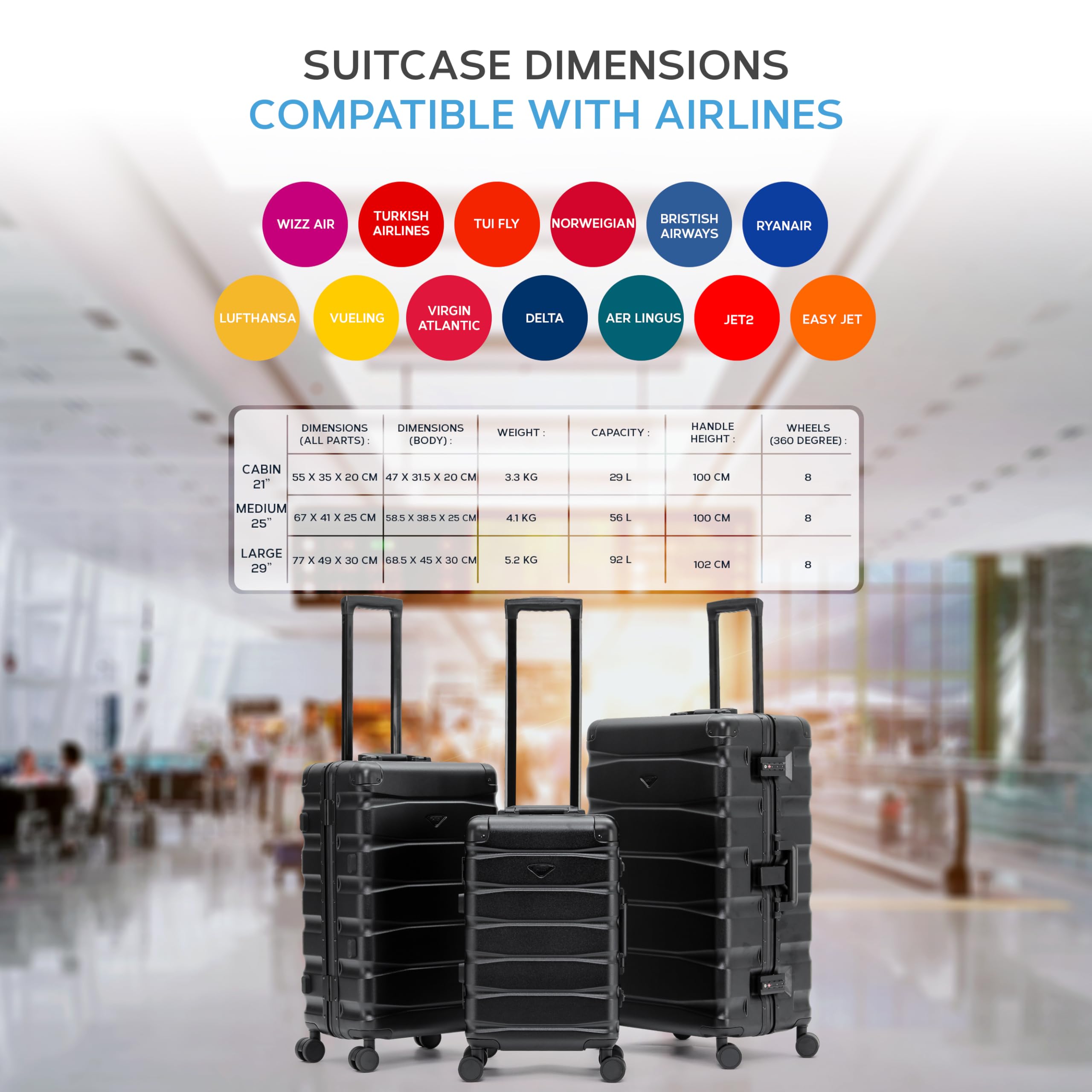 Flight Knight Premium Travel Suitcase - 8 Spinner Wheels - Built-in TSA Lock Lightweight Aluminium Frame, ABS Hard Shell Carry on Check in Luggage Highly Durable - Approved for Over 100 Airlines