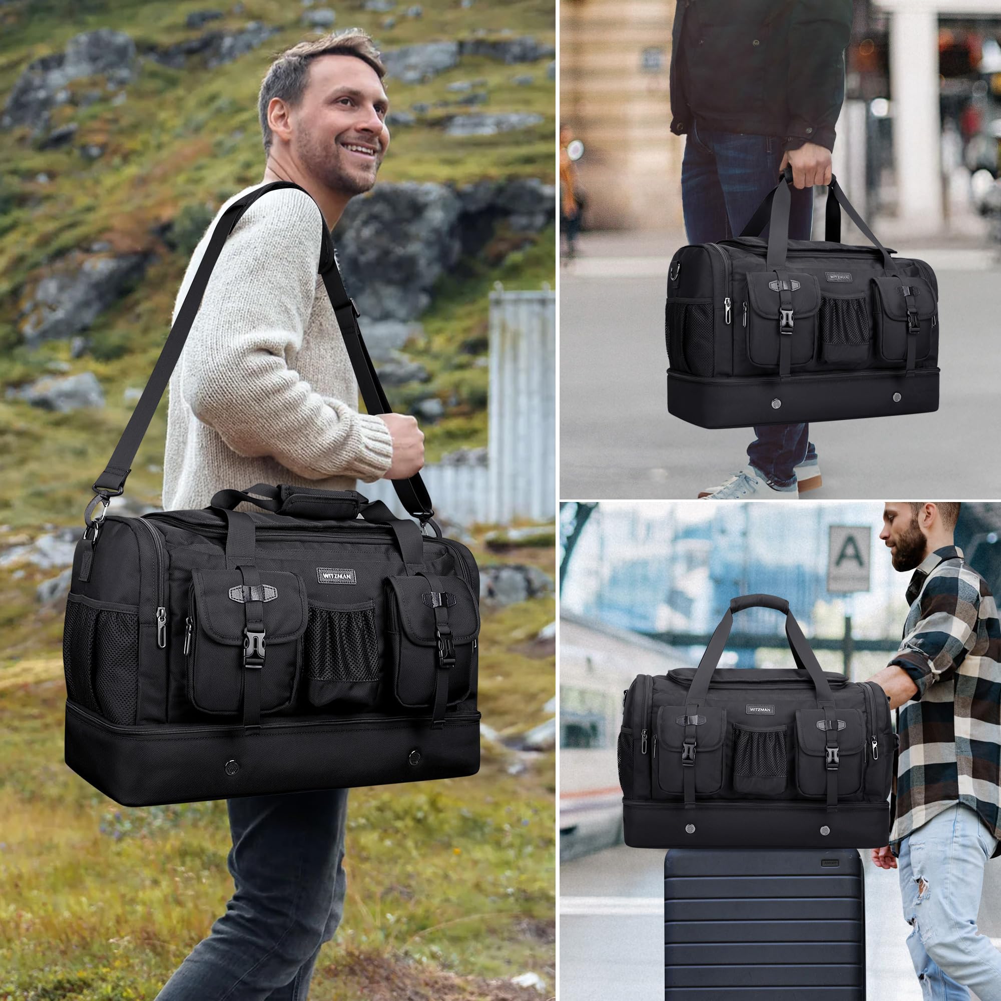 WITZMAN Reisetasche Herren 50L Weekender Gym Sporttasche mit Schuhfach | Nylon, Mehrere Taschen mit Nassfach, Konvertierbar, Große, Handgepäck Flugzeug, Für Reisen, Sport, Sauna, B723 Schwarz