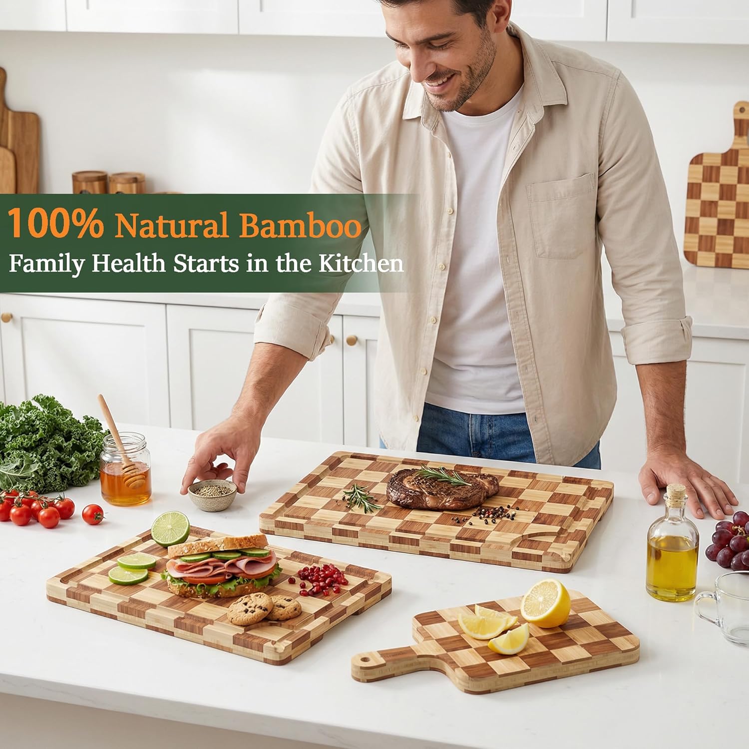 XL Checkered Bamboo Cutting Board Extra Large Heavy Duty Thick Wooden Chopping Board for Kitchen End Grain Butcher Block with Deep Juice Groove for Kneading Dough,Meat, Cheese & Charcuterie