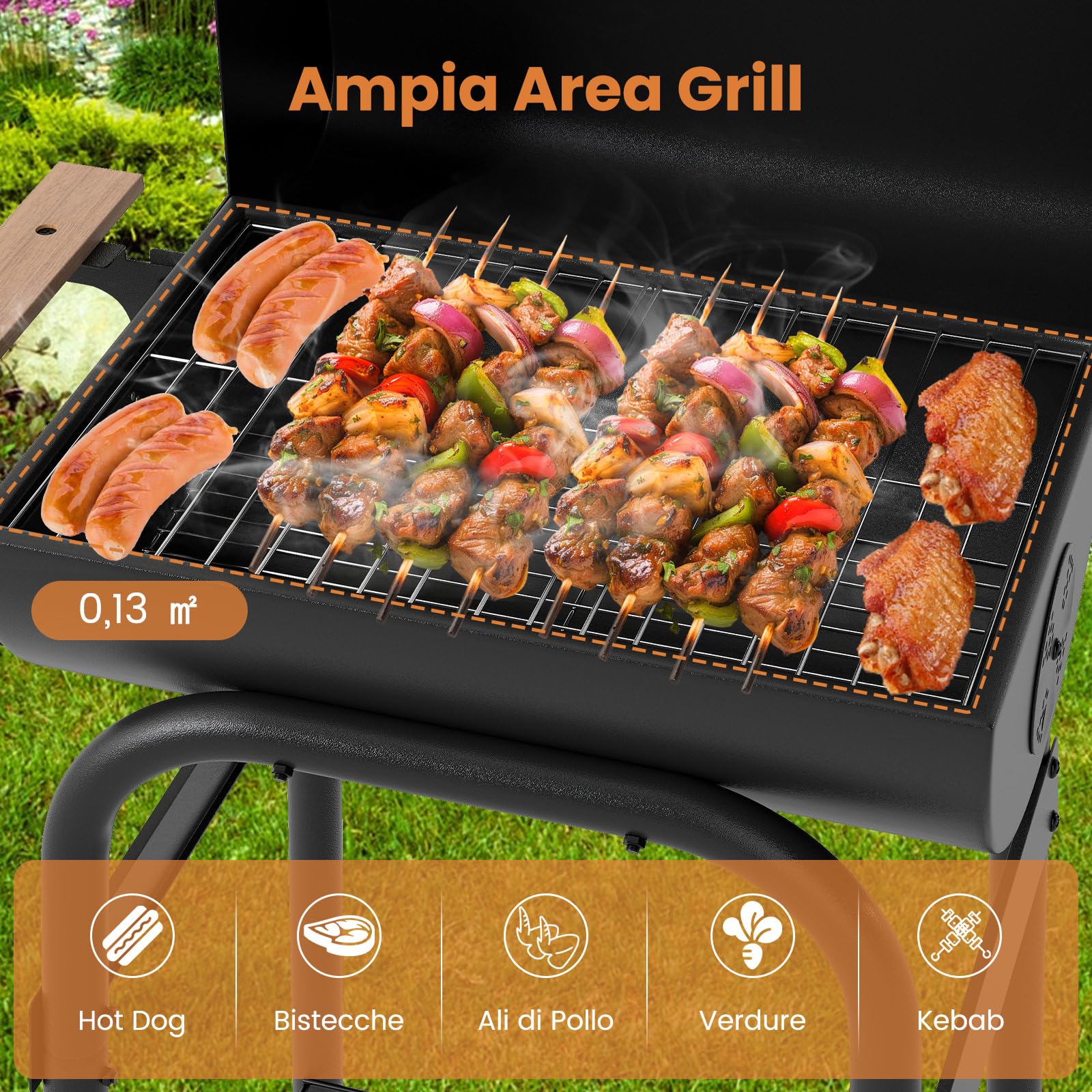 COSTWAY Barbecue a Carbonella con Ruote, Griglia a Carbone da Esterno con Coperchio, Termometro, Tavolo Pieghevole e Manico in Acciaio Inox, Barbecue Portabile per Giardino, Campeggio e Picnic